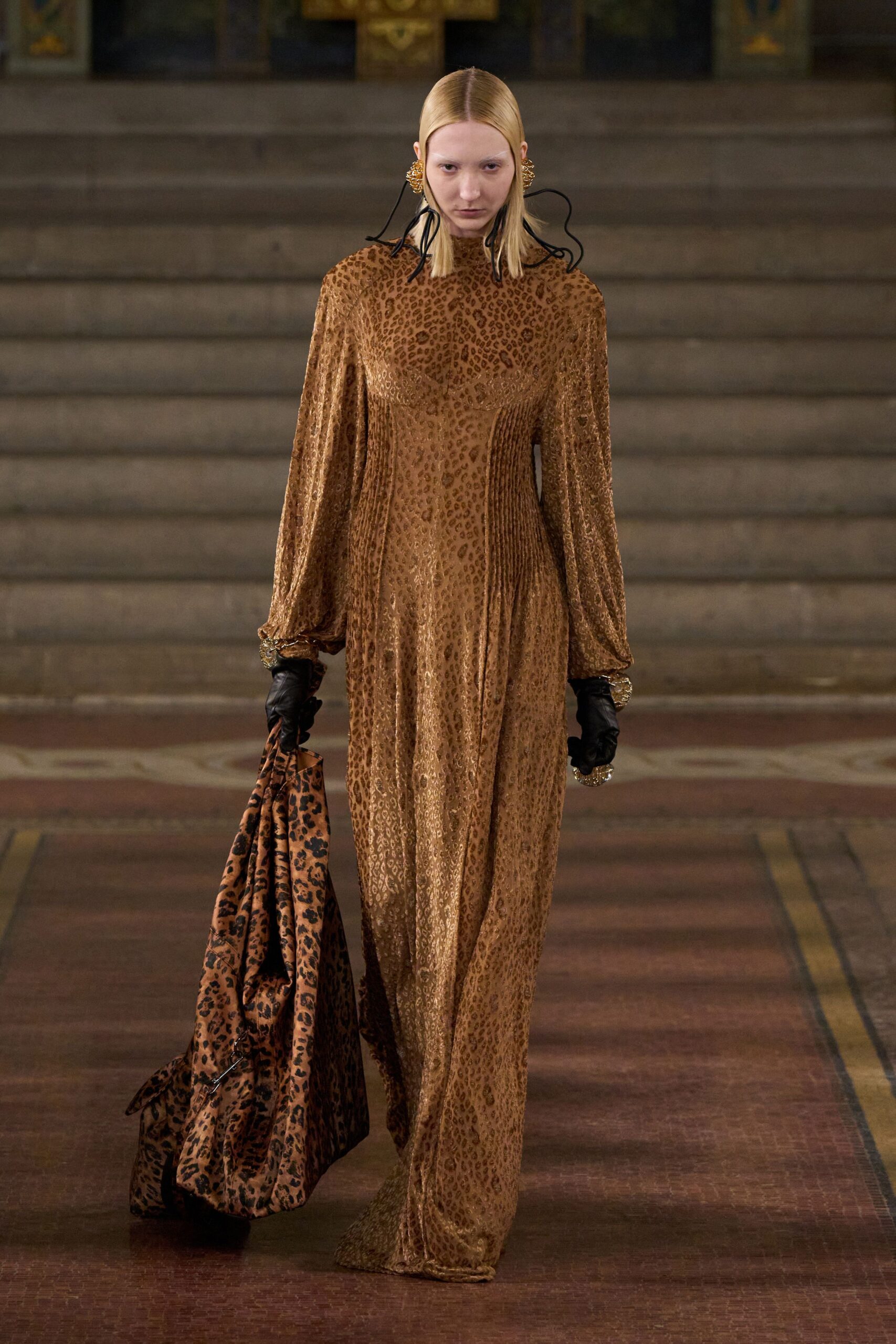 brown velvet long-sleeve relaxed animal-print shiny maxi coat