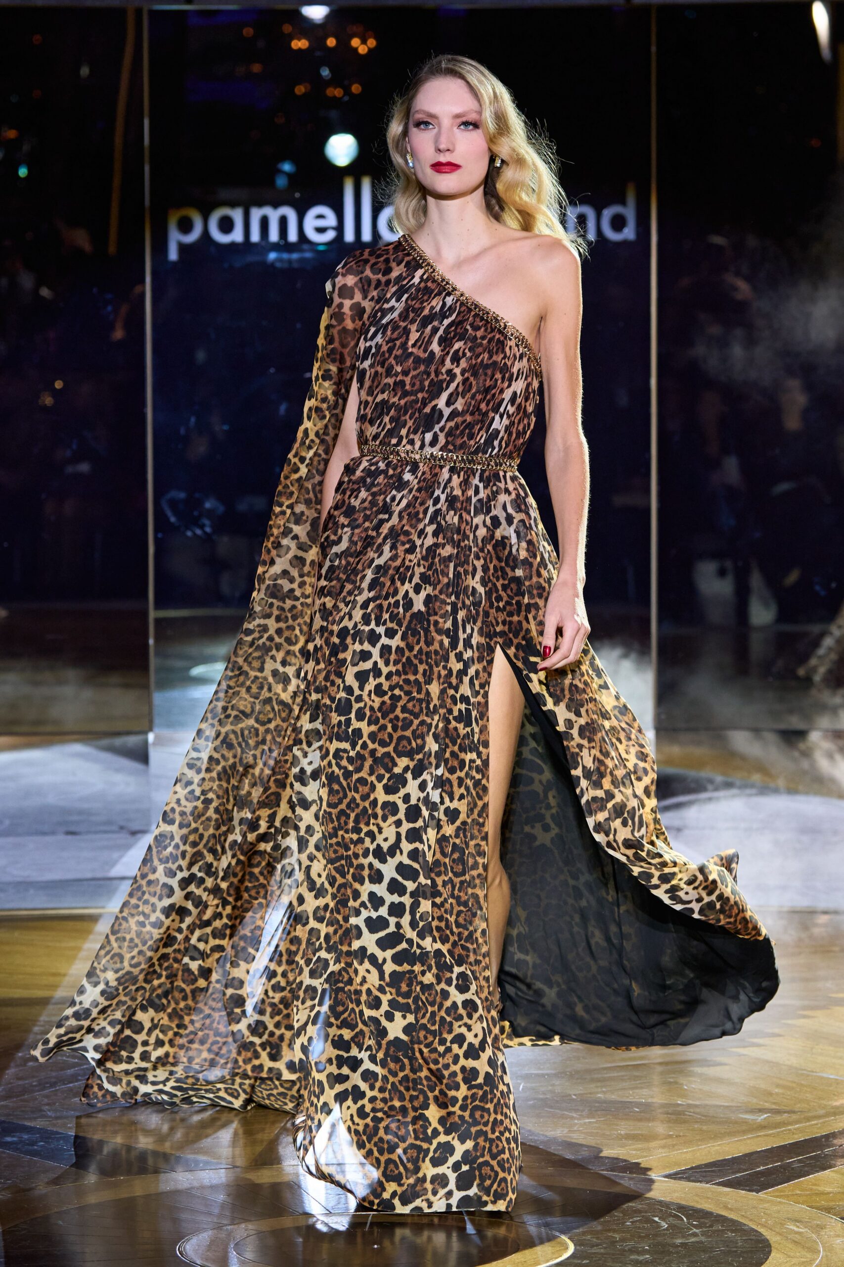 asymmetric brown leopard print gown
