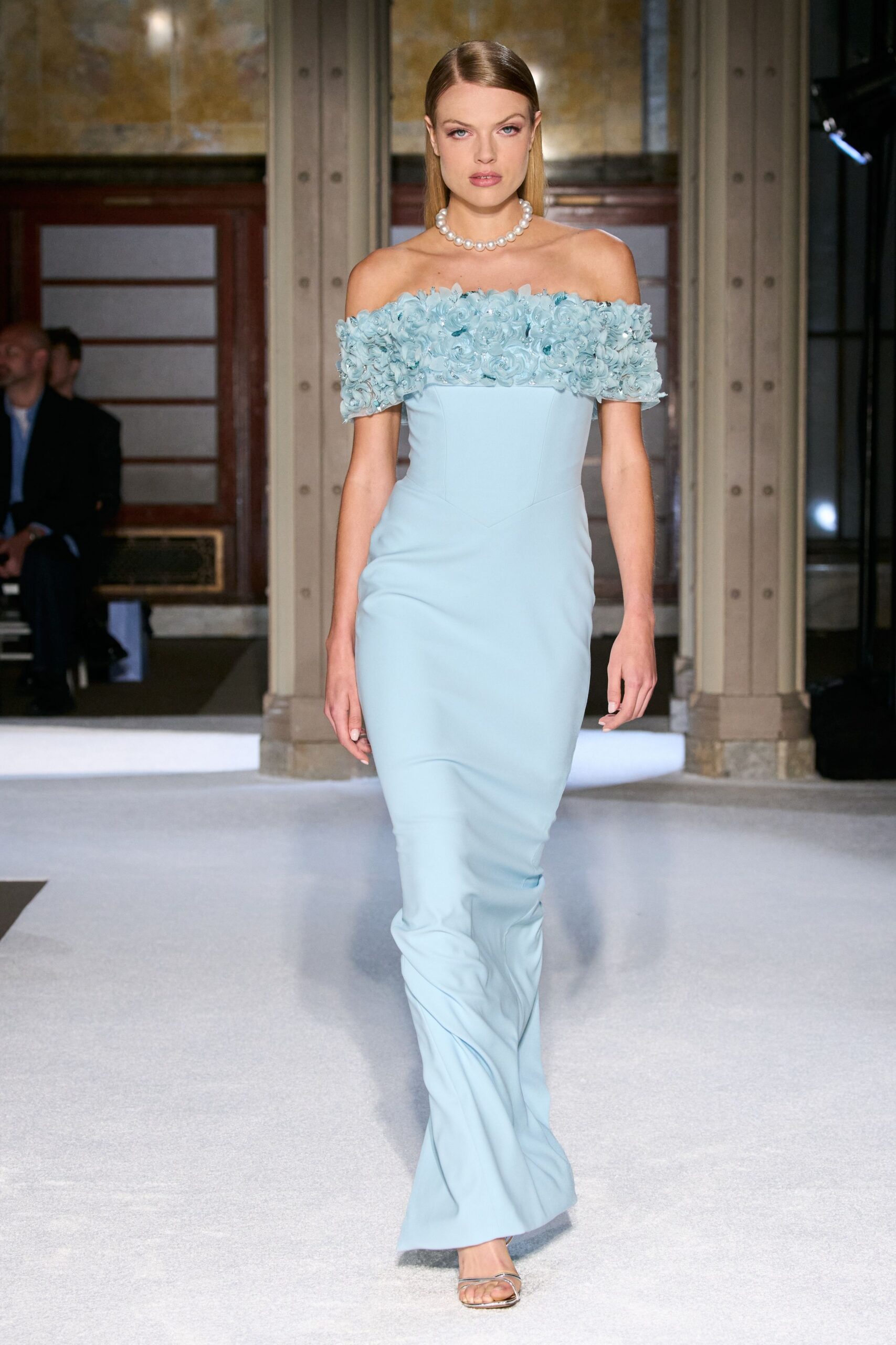 blue silk off-shoulder fitted ruffled maxi gown