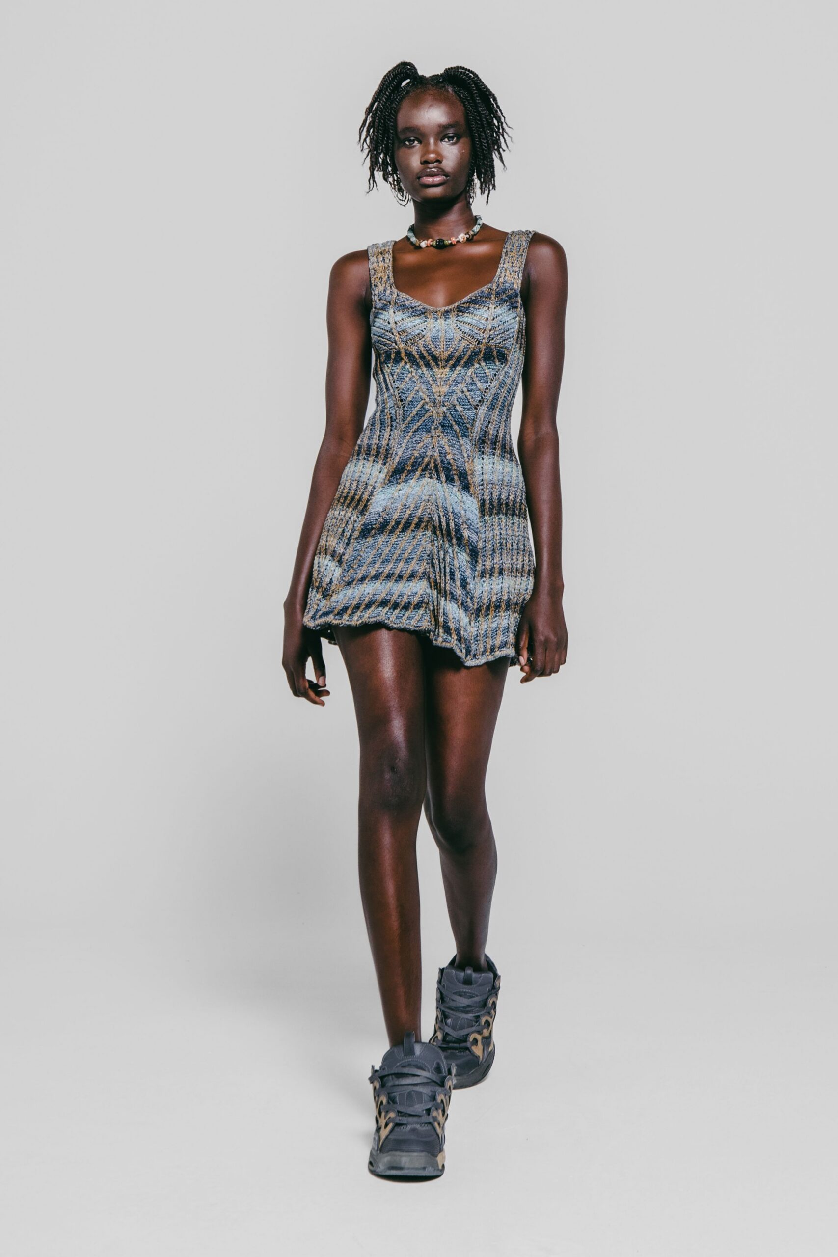 blue gray fitted mini-dress with sneakers