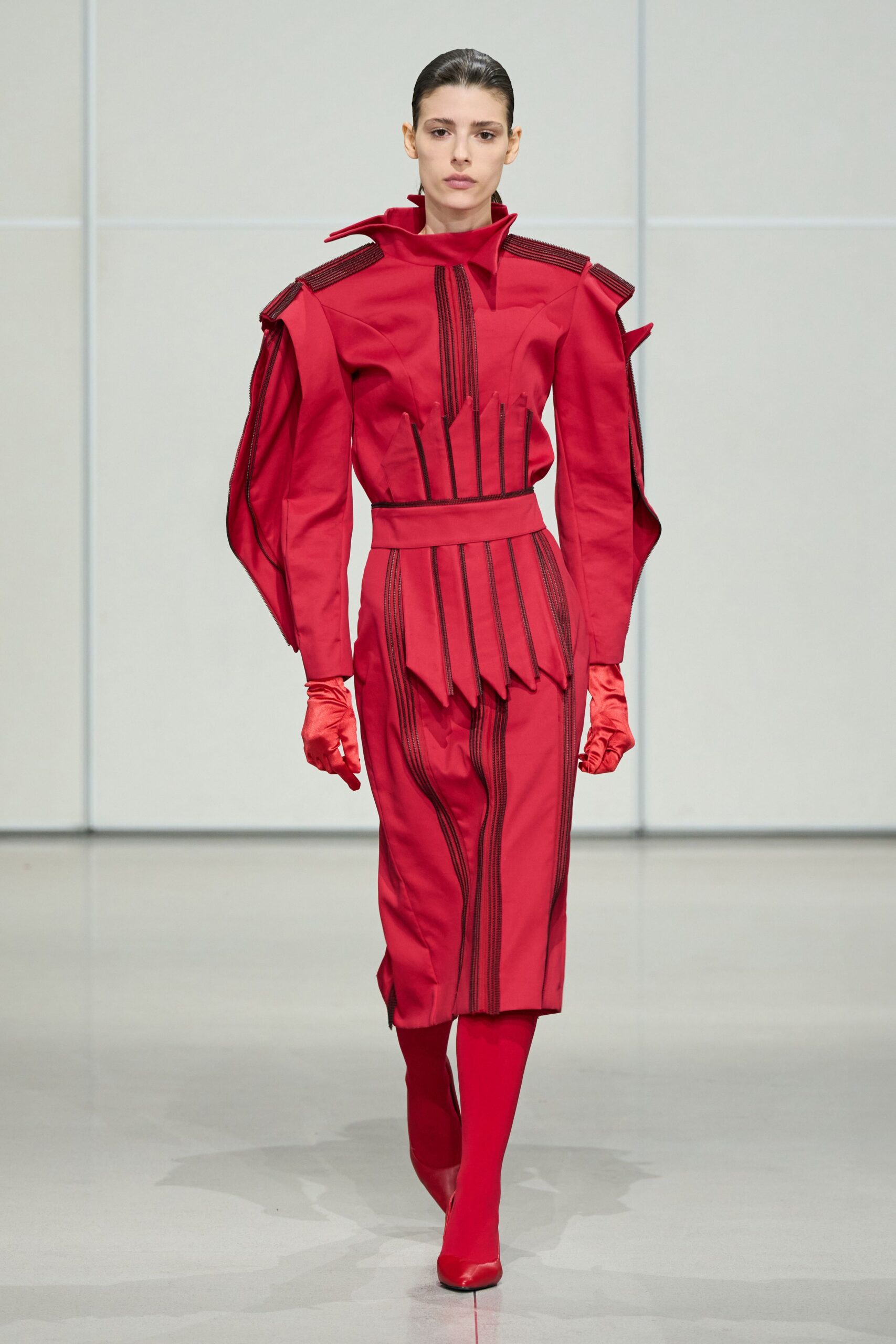 red cotton long-sleeve high-neck fitted pleated zippered dress