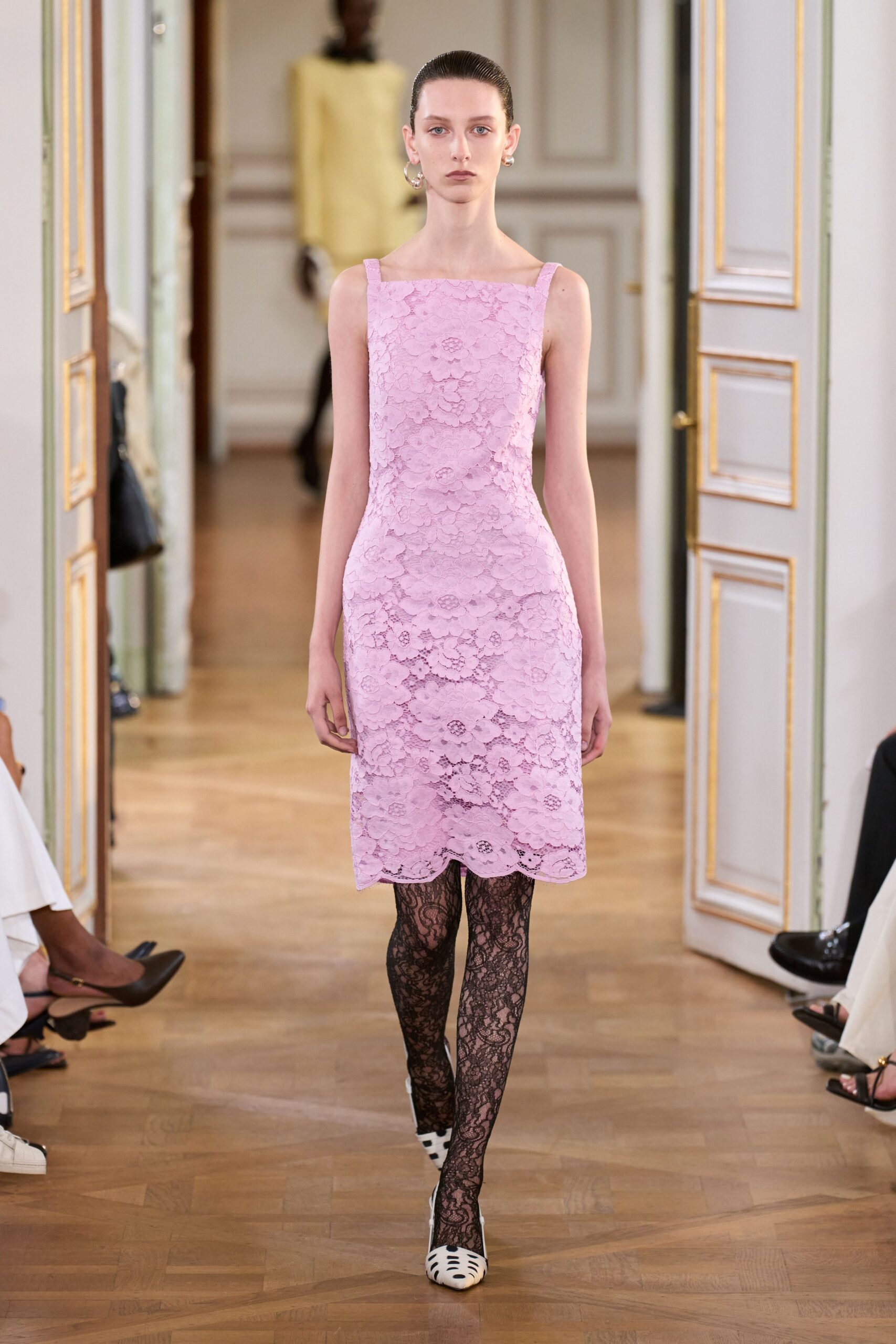 pink lace sleeveless square-neck fitted embroidered mini dress