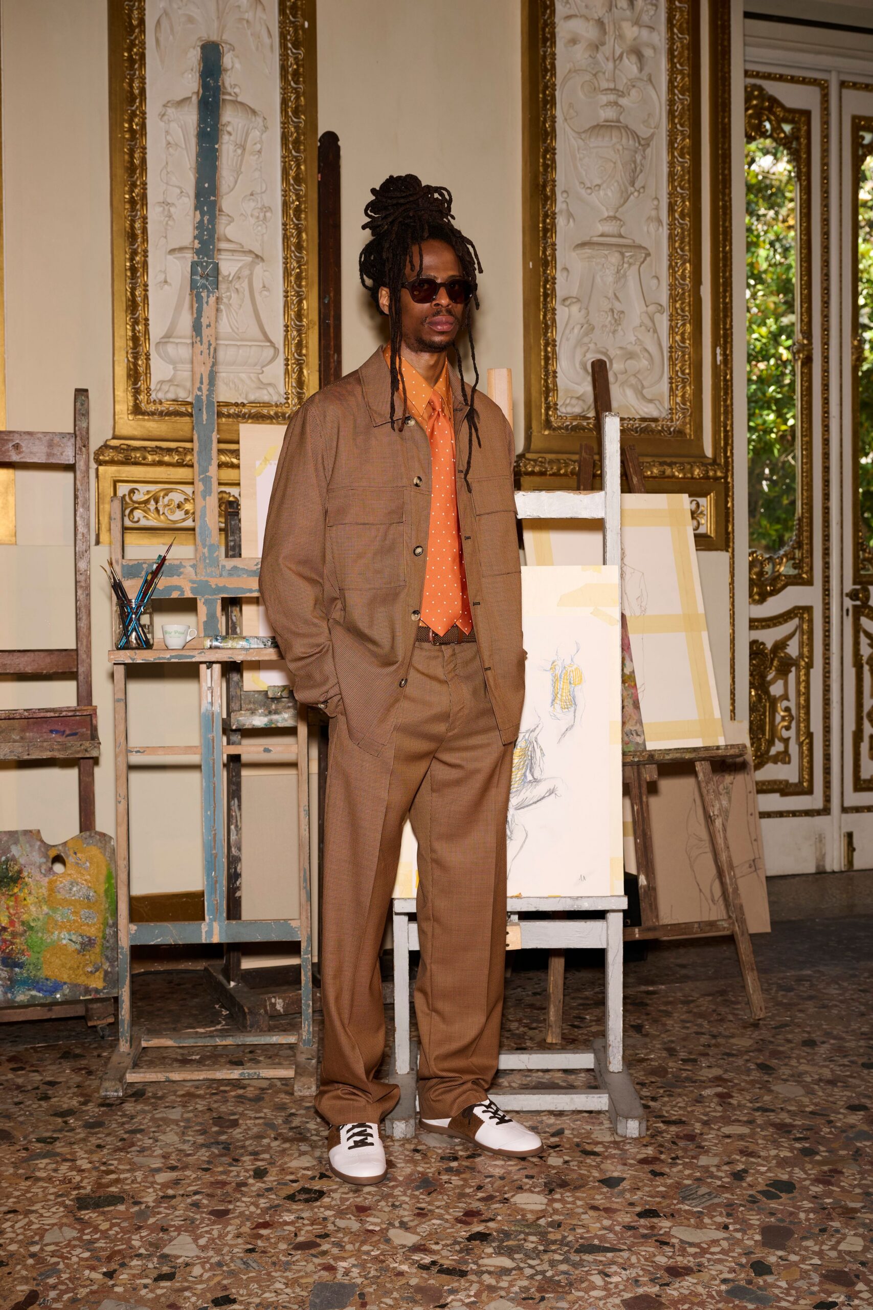 brown relaxed jacket with orange shirt