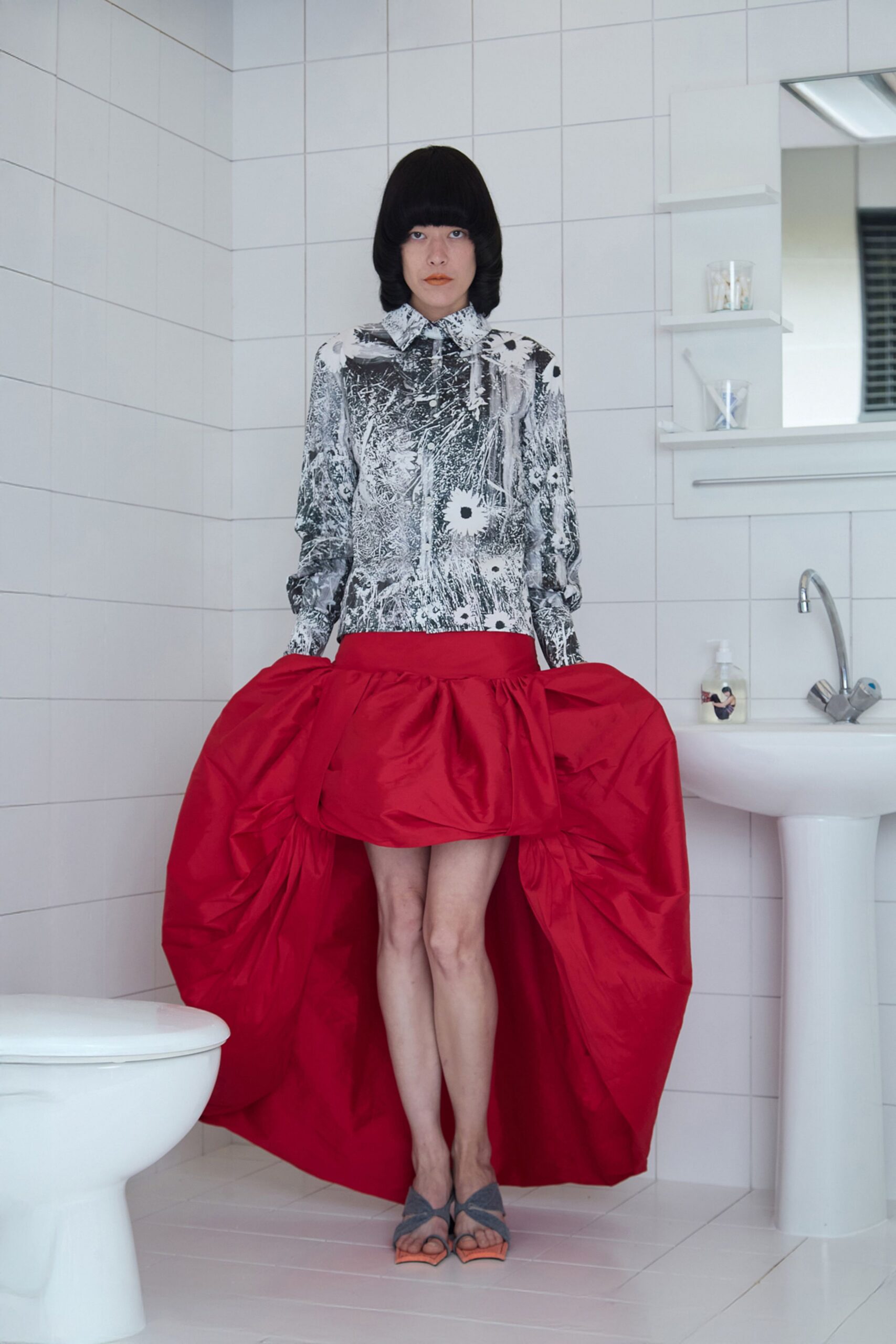 red silk fitted pleated mini skirt