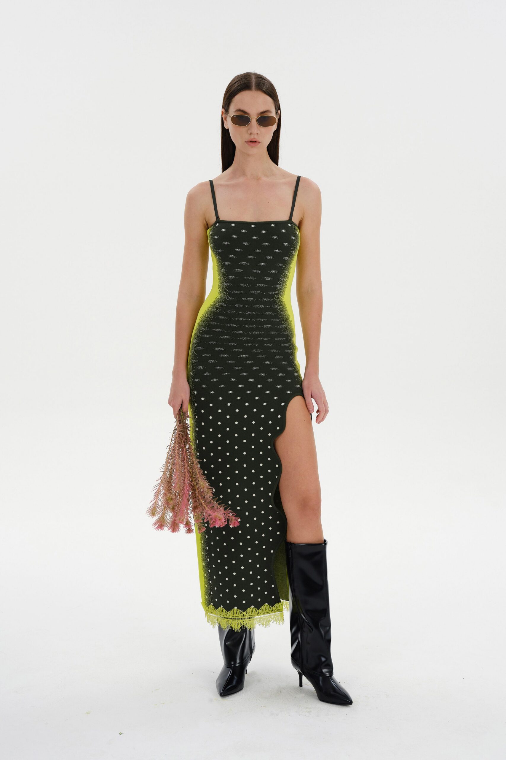 black cotton sleeveless v-neck fitted polka-dot layered dress