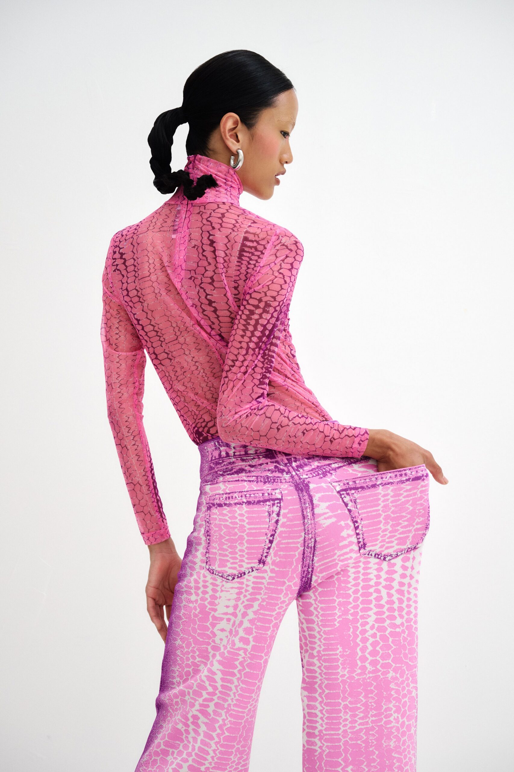 pink denim fitted printed straight-leg pants