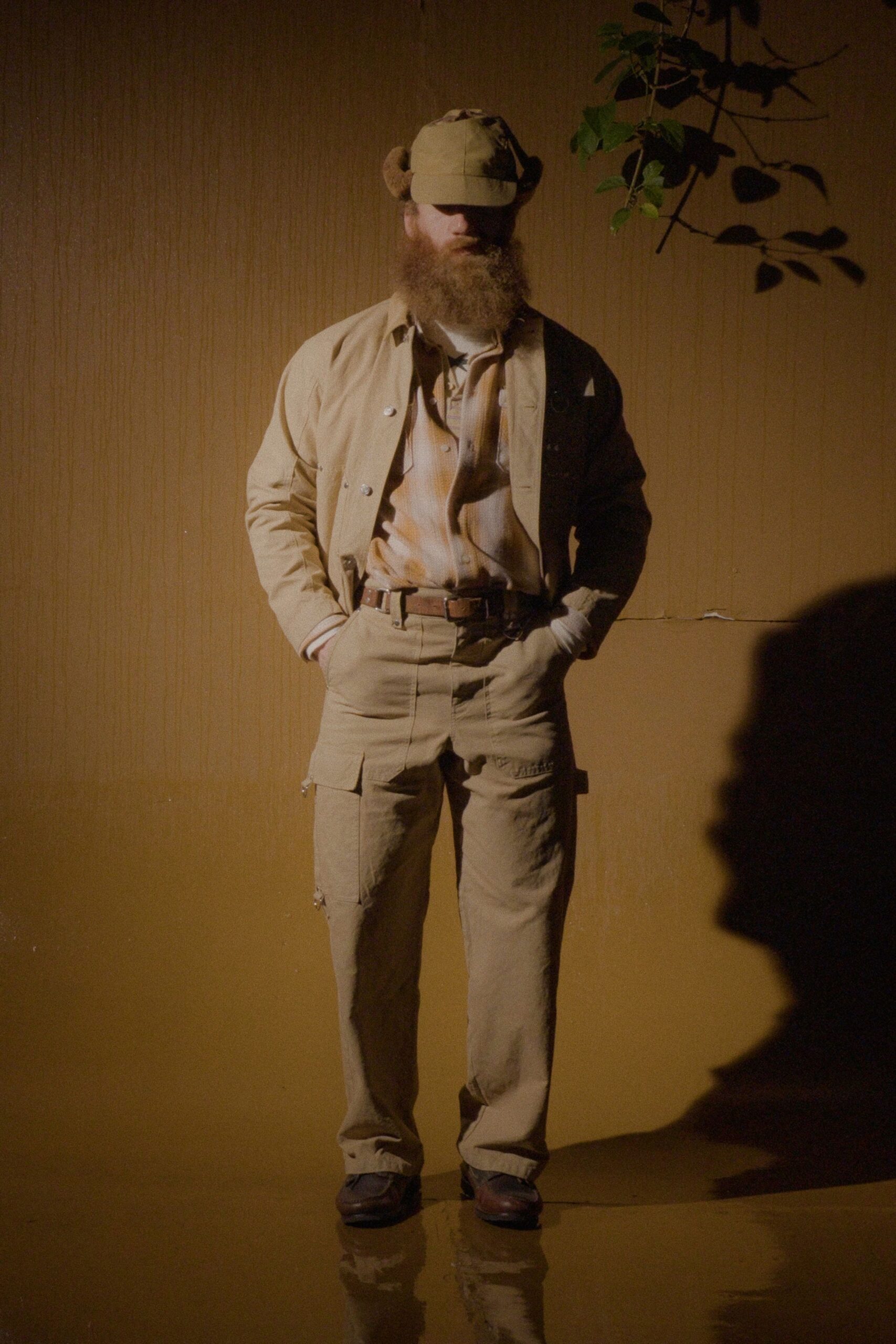 beige cotton jacket with cargo pants