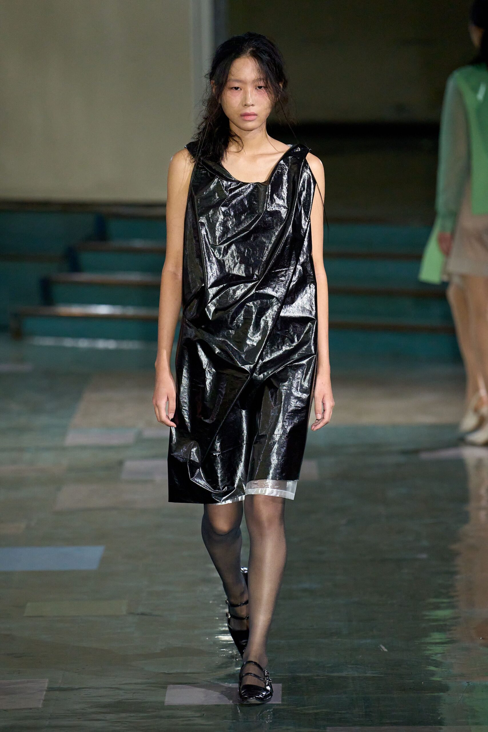 black vinyl sleeveless v-neck relaxed draped shiny dress