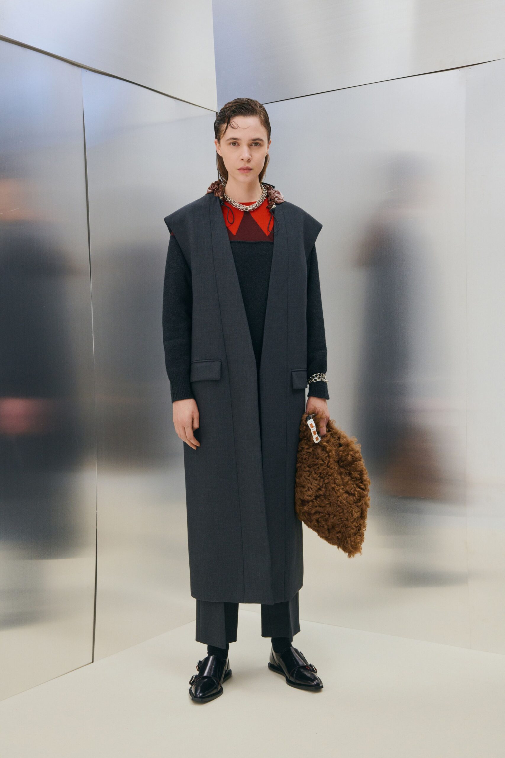 gray wool coat with red top