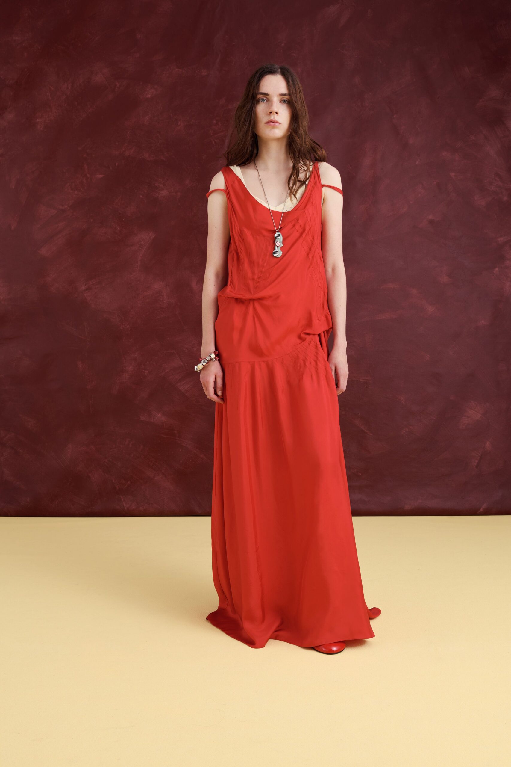 red silk sleeveless gown