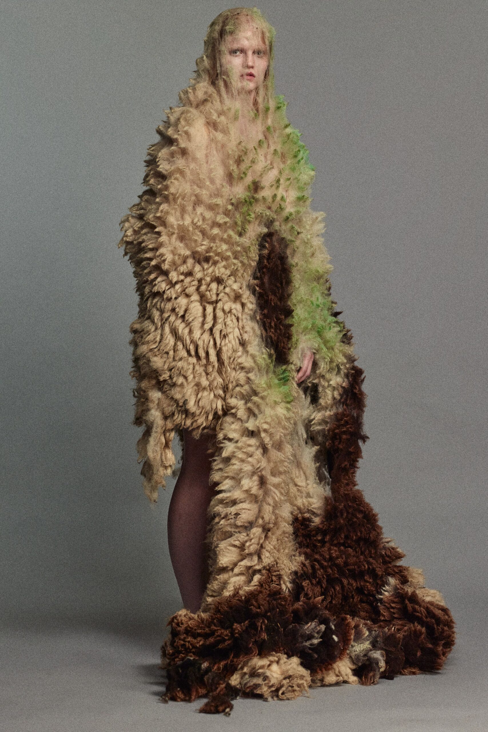 beige brown green fur cape