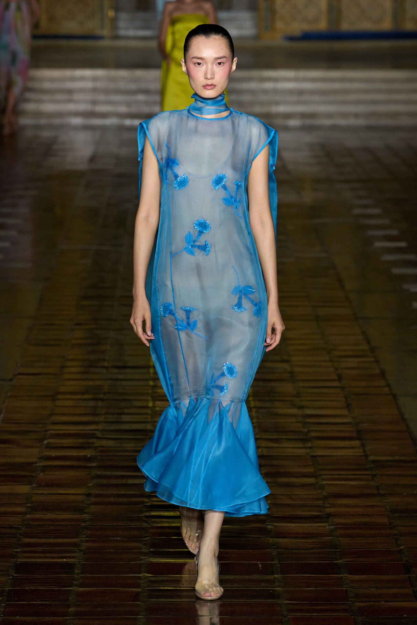blue sheer embroidered midi dress