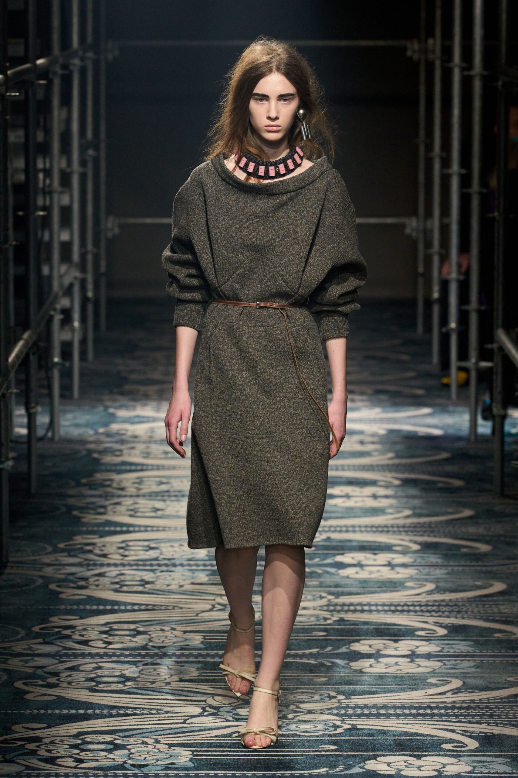 gray wool relaxed midi dress with belt