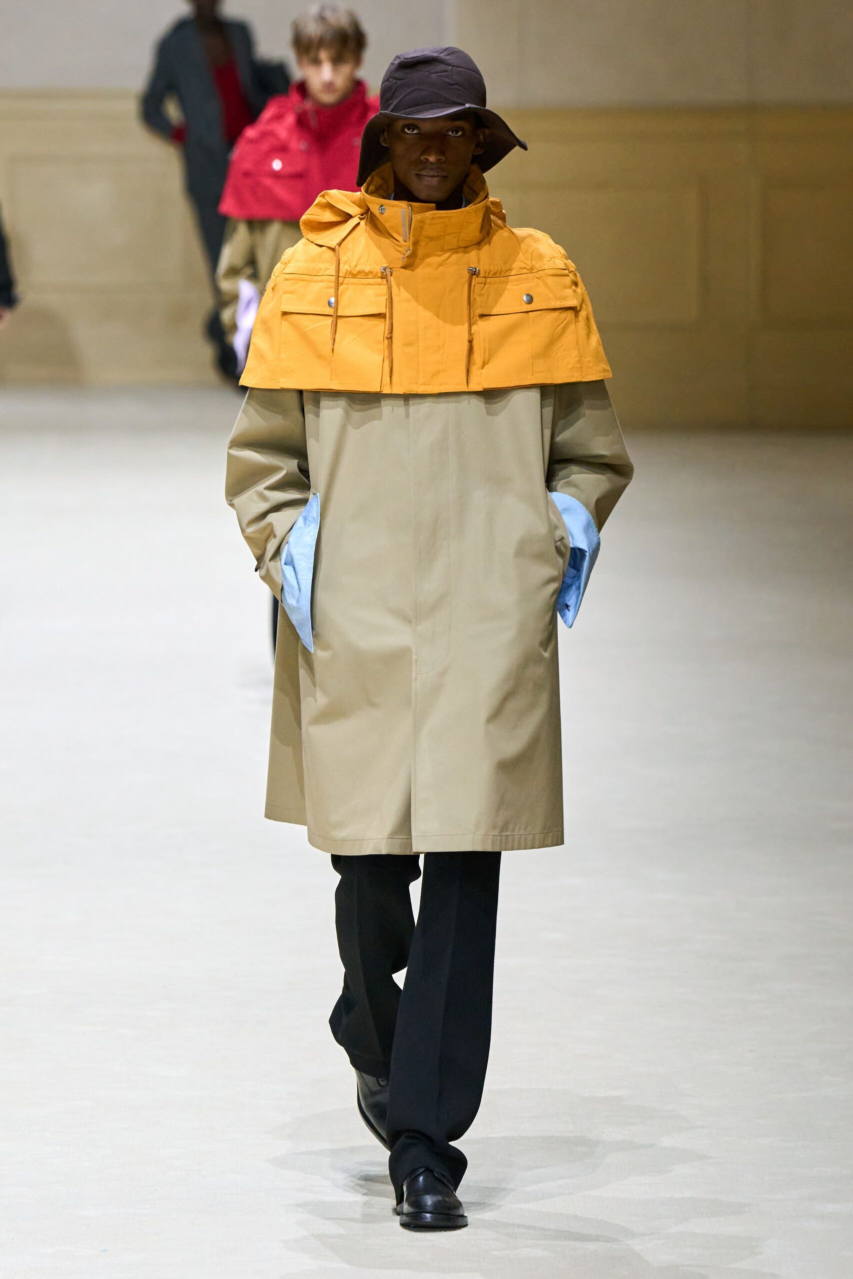 beige and orange hooded coat
