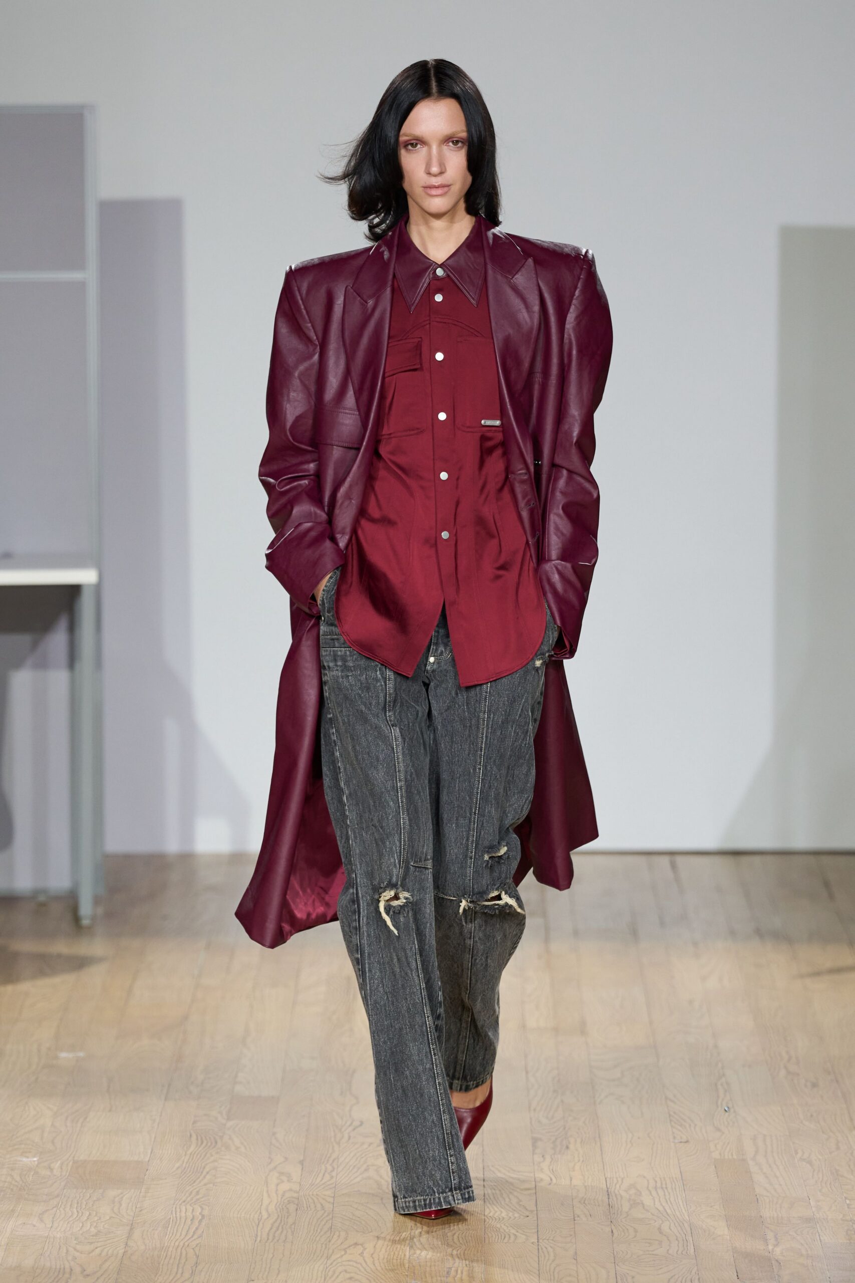 maroon leather long-sleeve collared relaxed buttoned midi coat