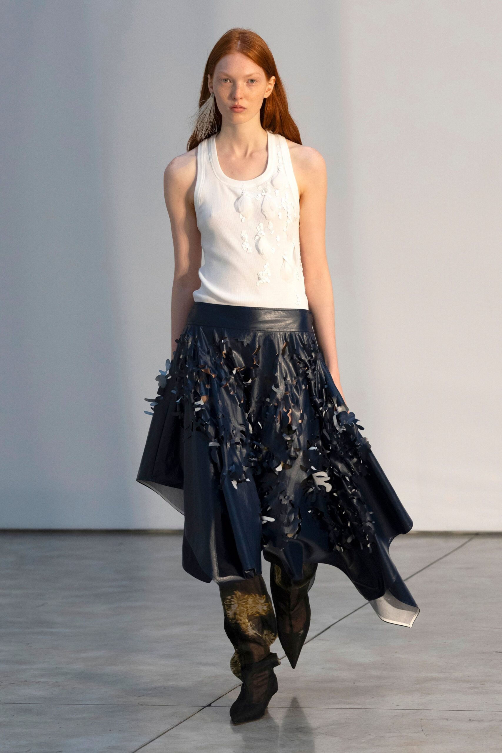blue vinyl asymmetric fitted layered midi skirt