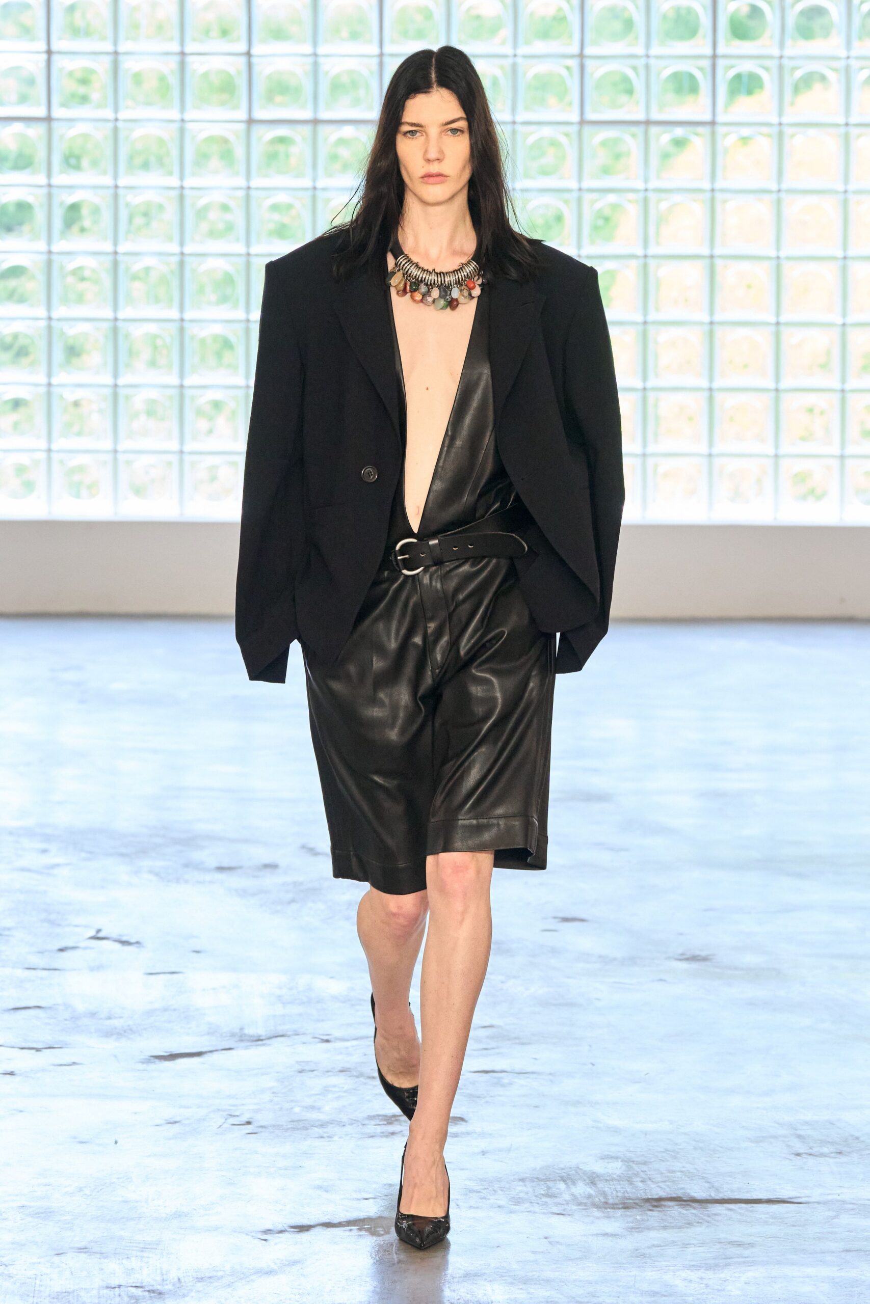 black leather v-neck fitted jumpsuit