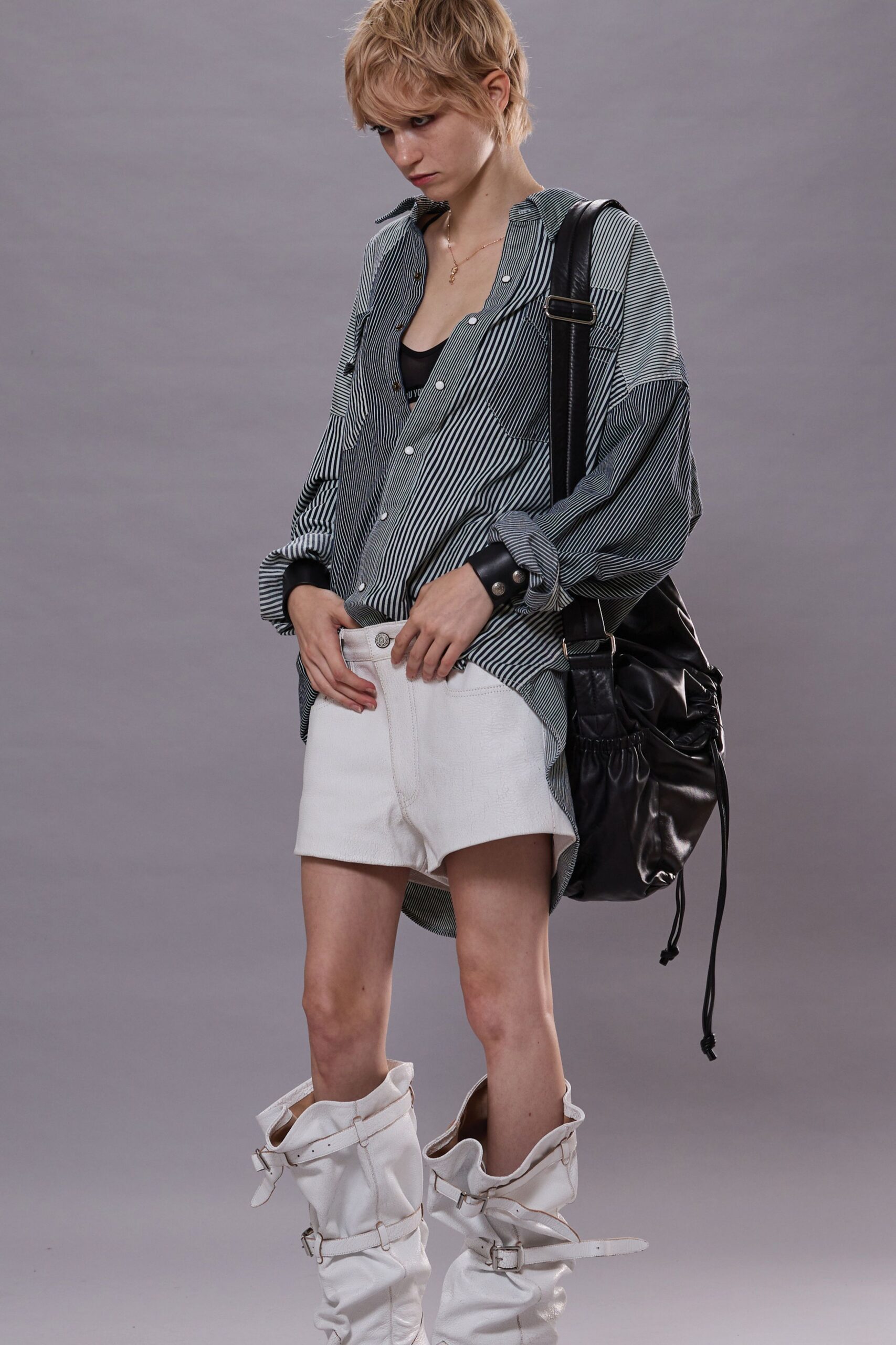 relaxed striped shirt with denim shorts