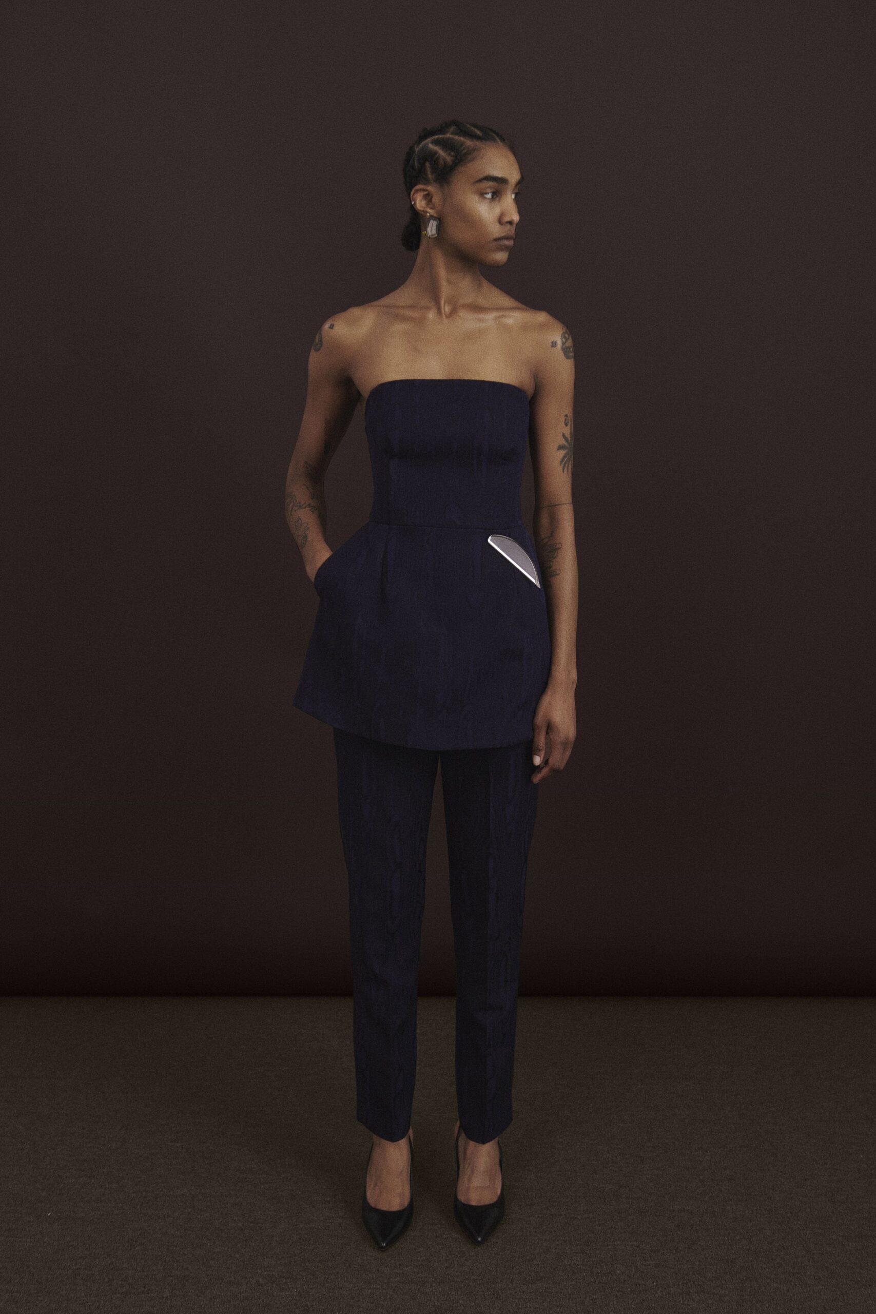blue cotton strapless fitted pleated top