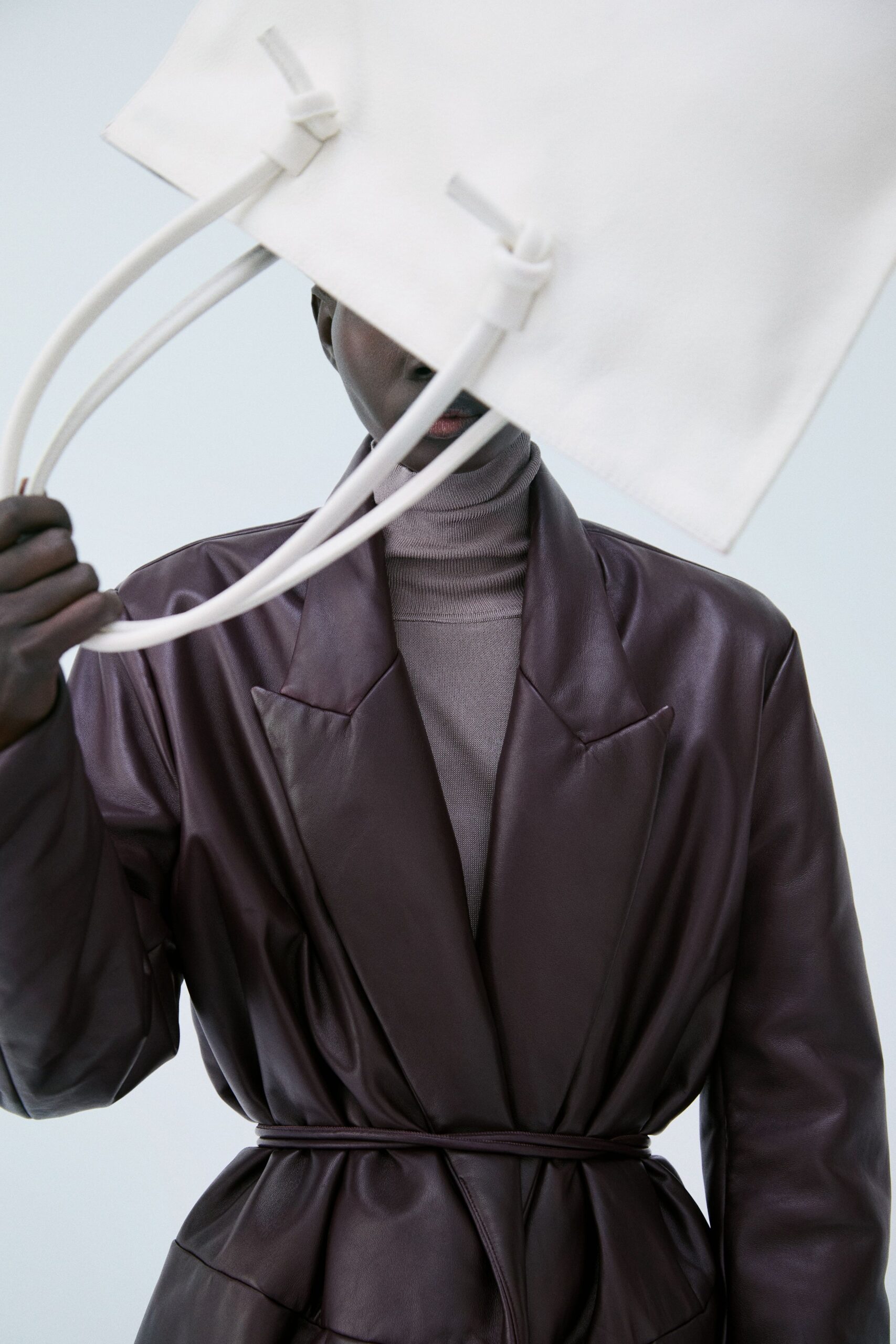 brown leather long-sleeve collared fitted belted blazer