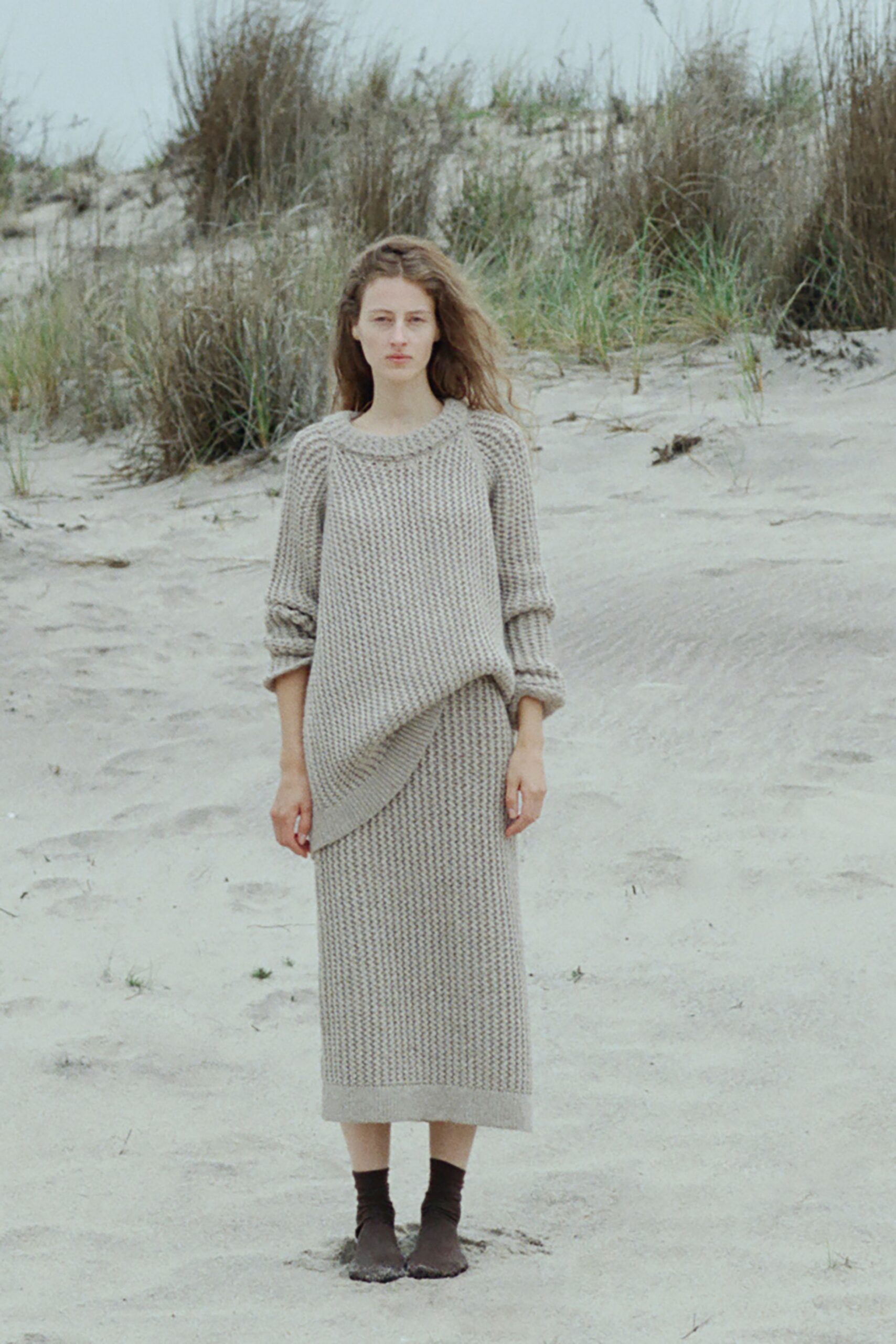 beige wool long-sleeve relaxed ribbed midi dress
