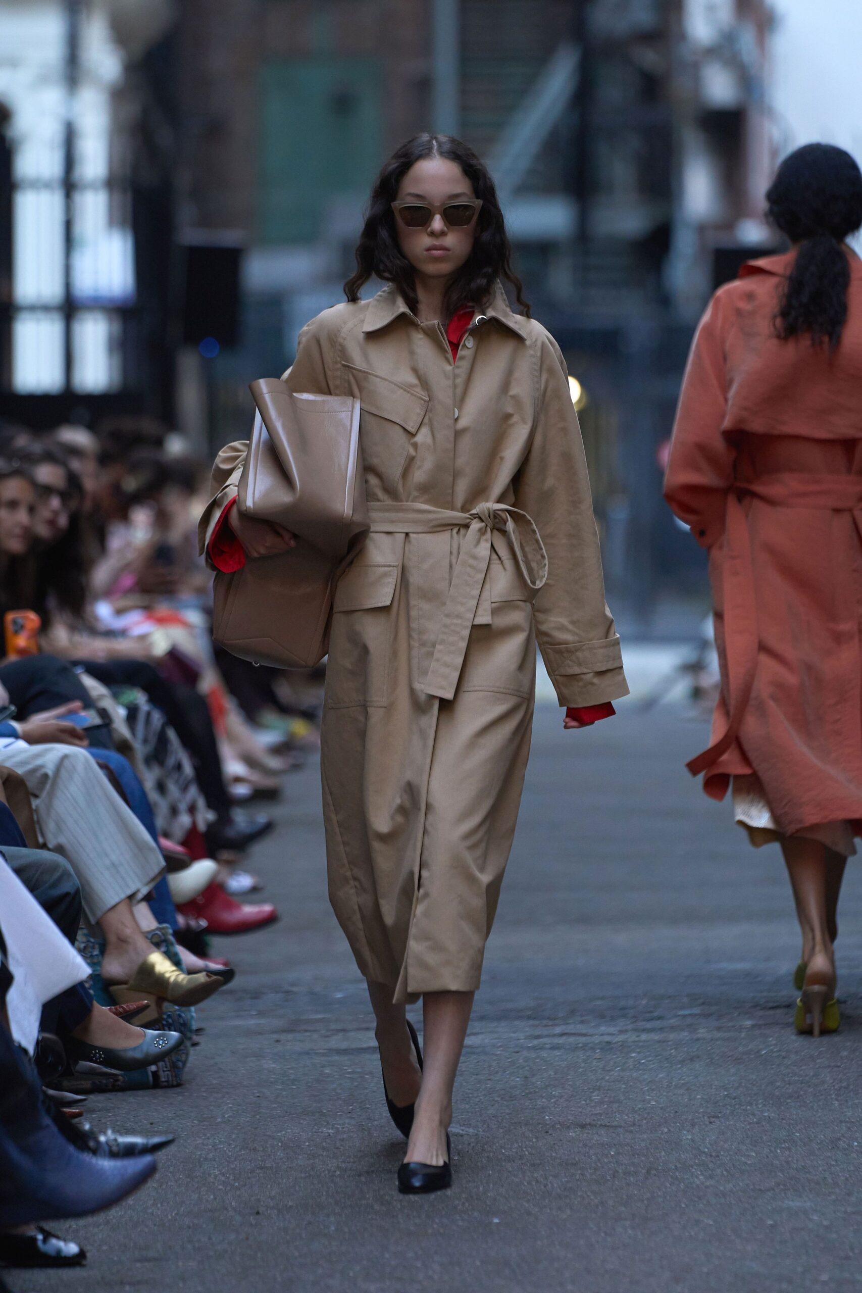 beige silk long-sleeve collared fitted belted buttoned dress