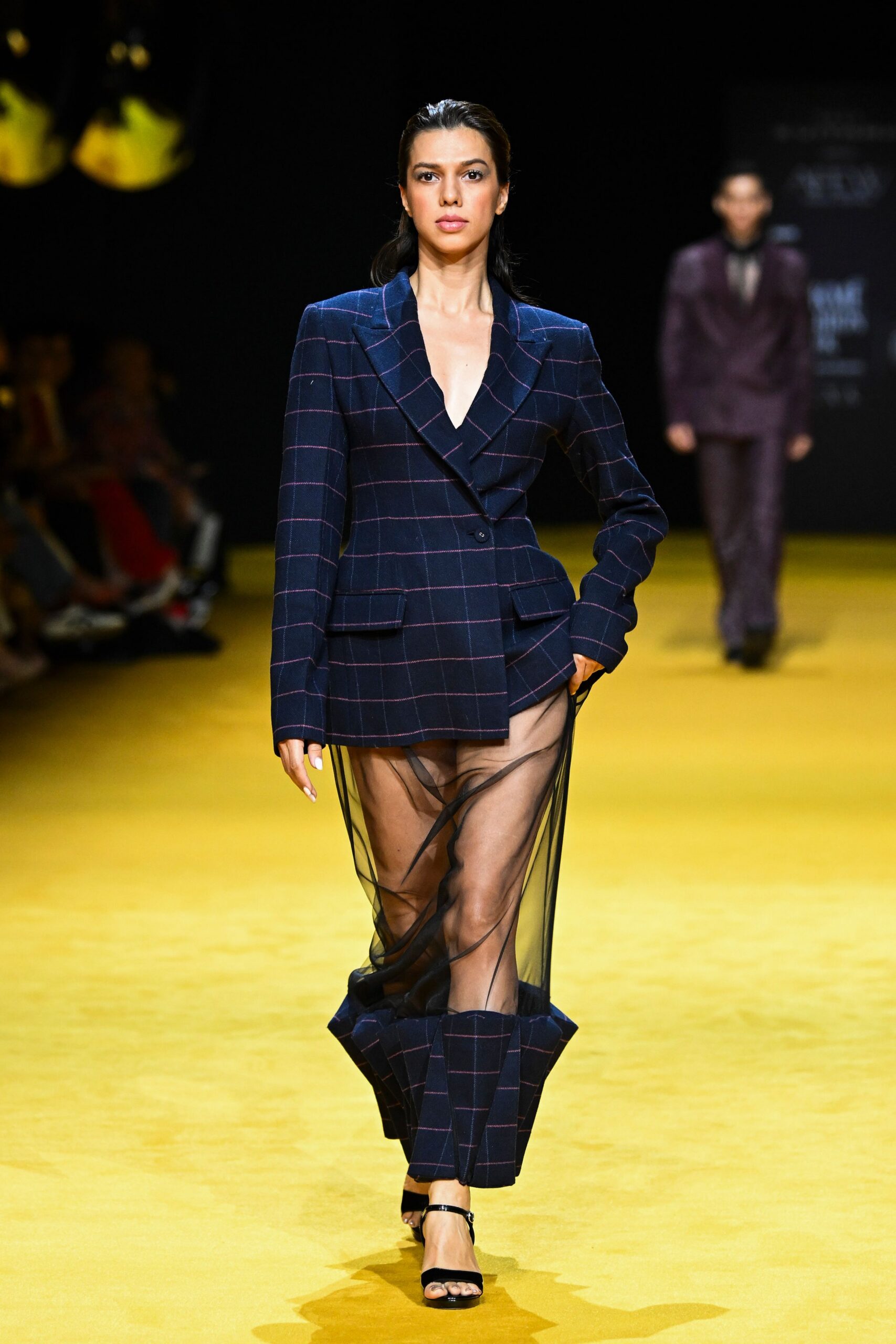 navy checked blazer with sheer skirt