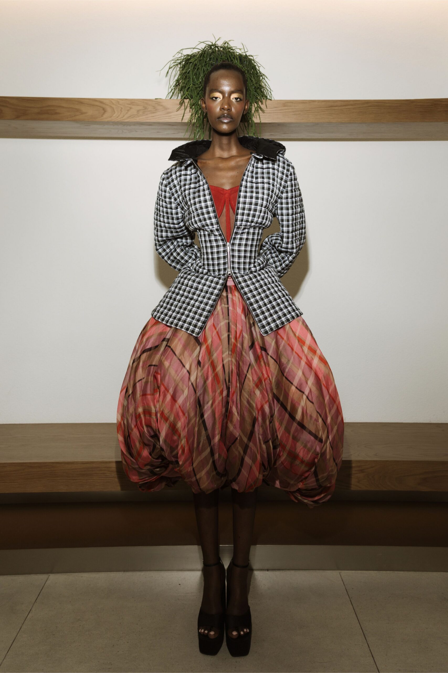 checked blazer and pleated dress