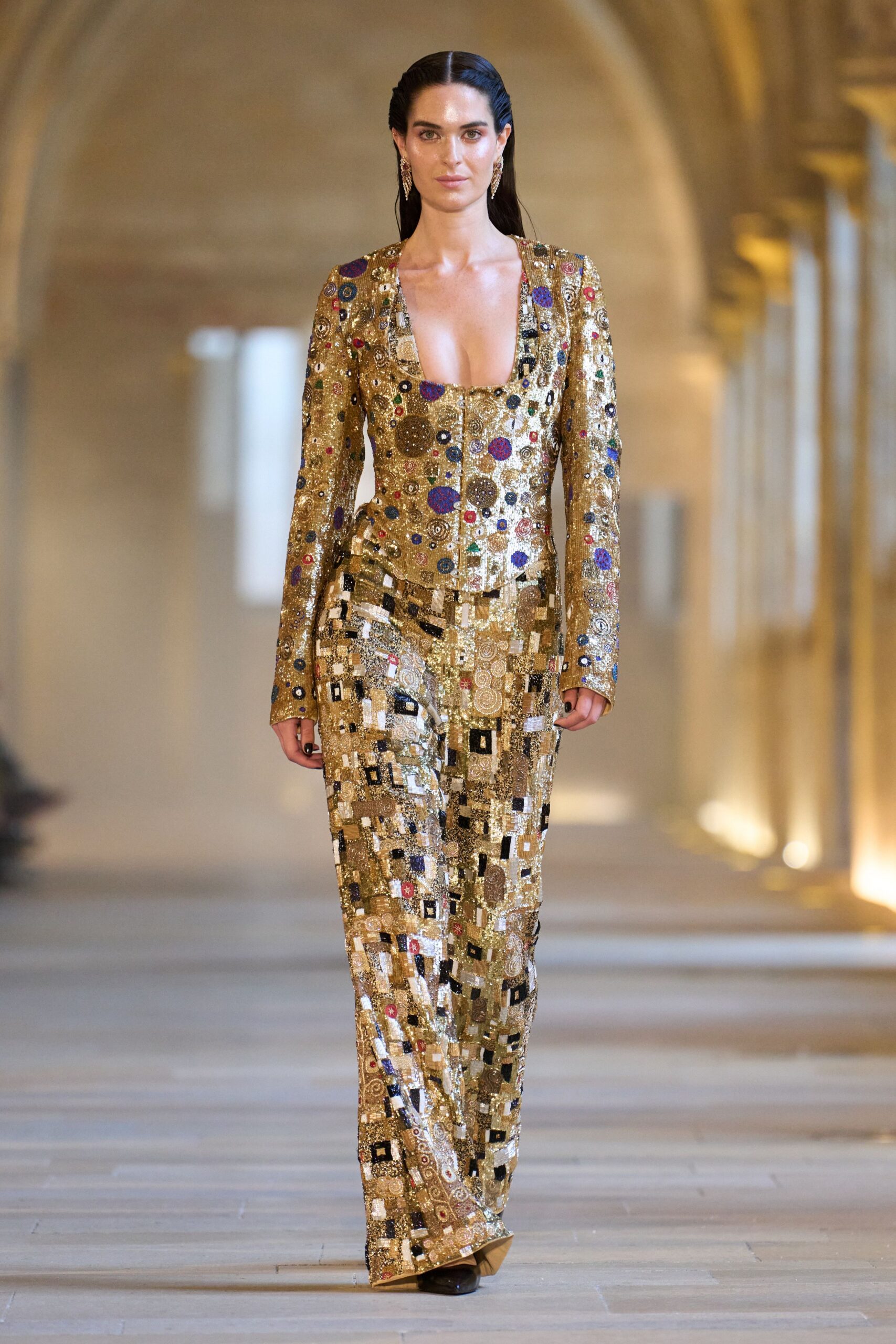 gold sequin fitted gown