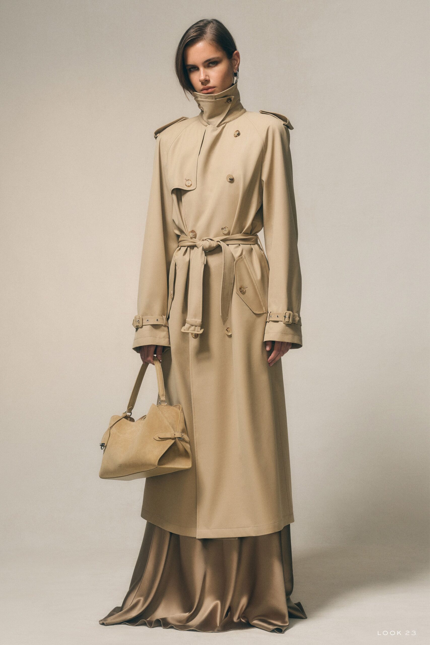 beige cotton long-sleeve collared structured belted maxi trench