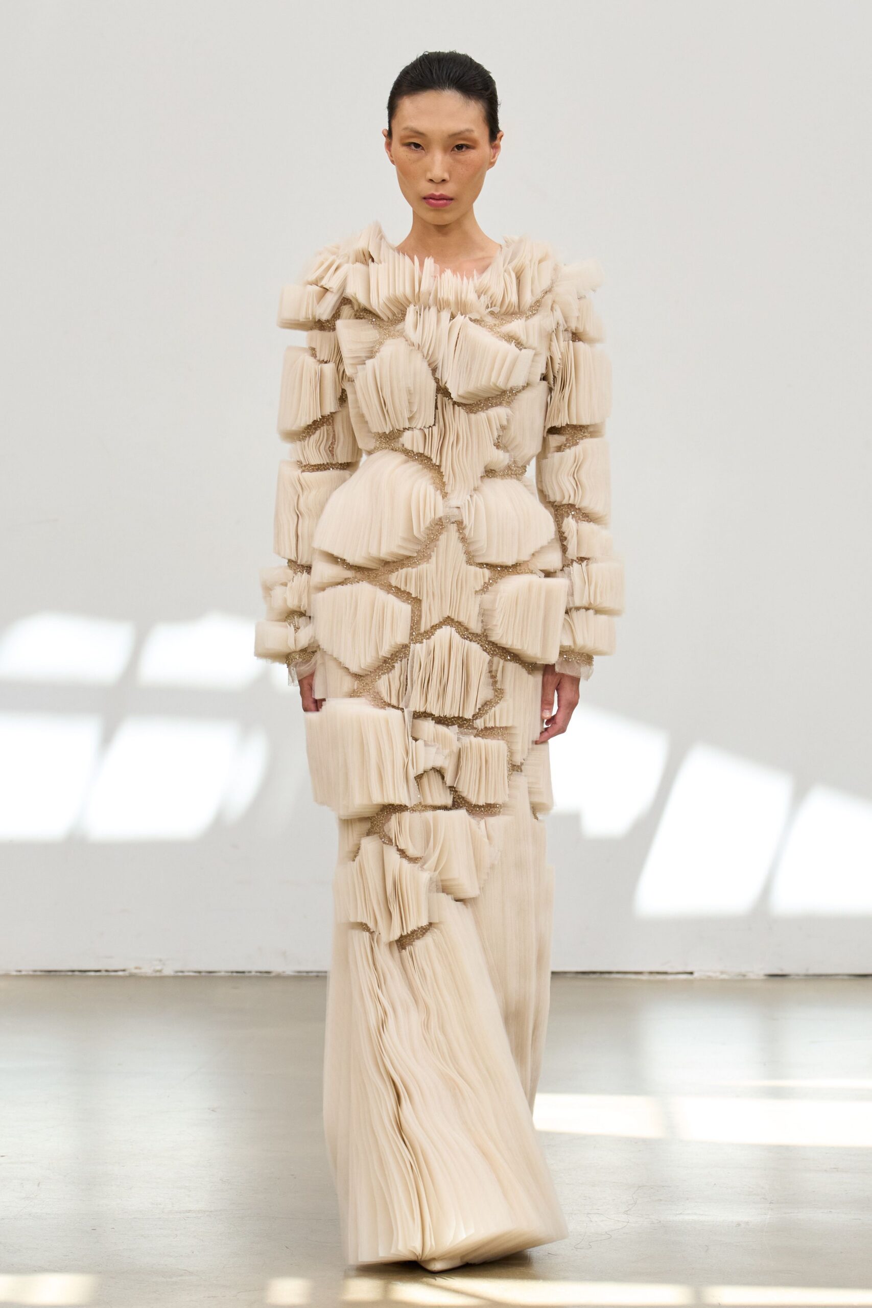 beige pleated silk gown