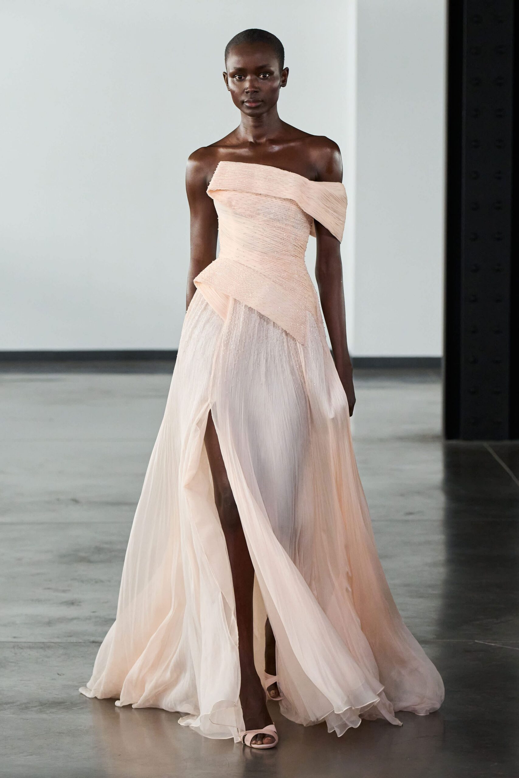 pink silk off-shoulder slit fitted layered draped gown