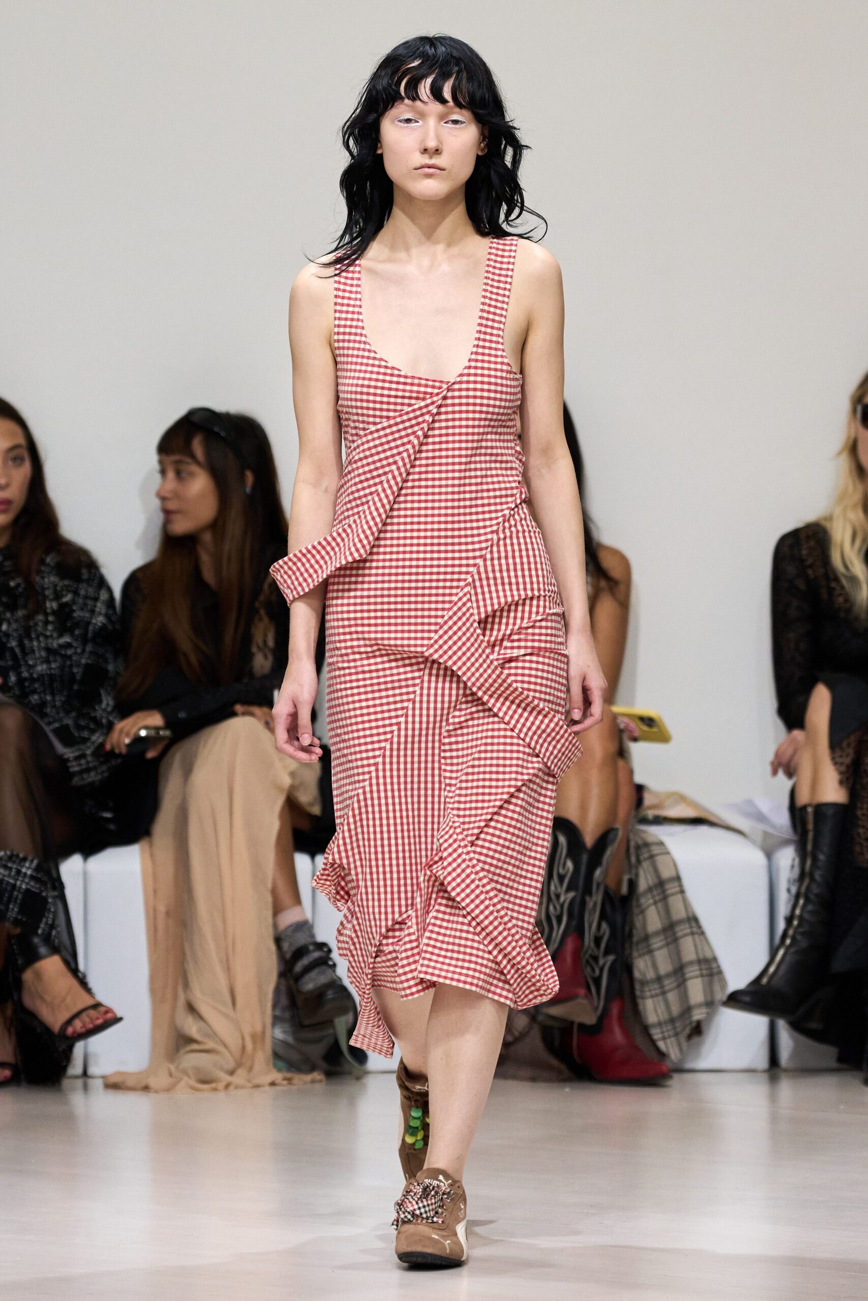 red and white checked midi dress