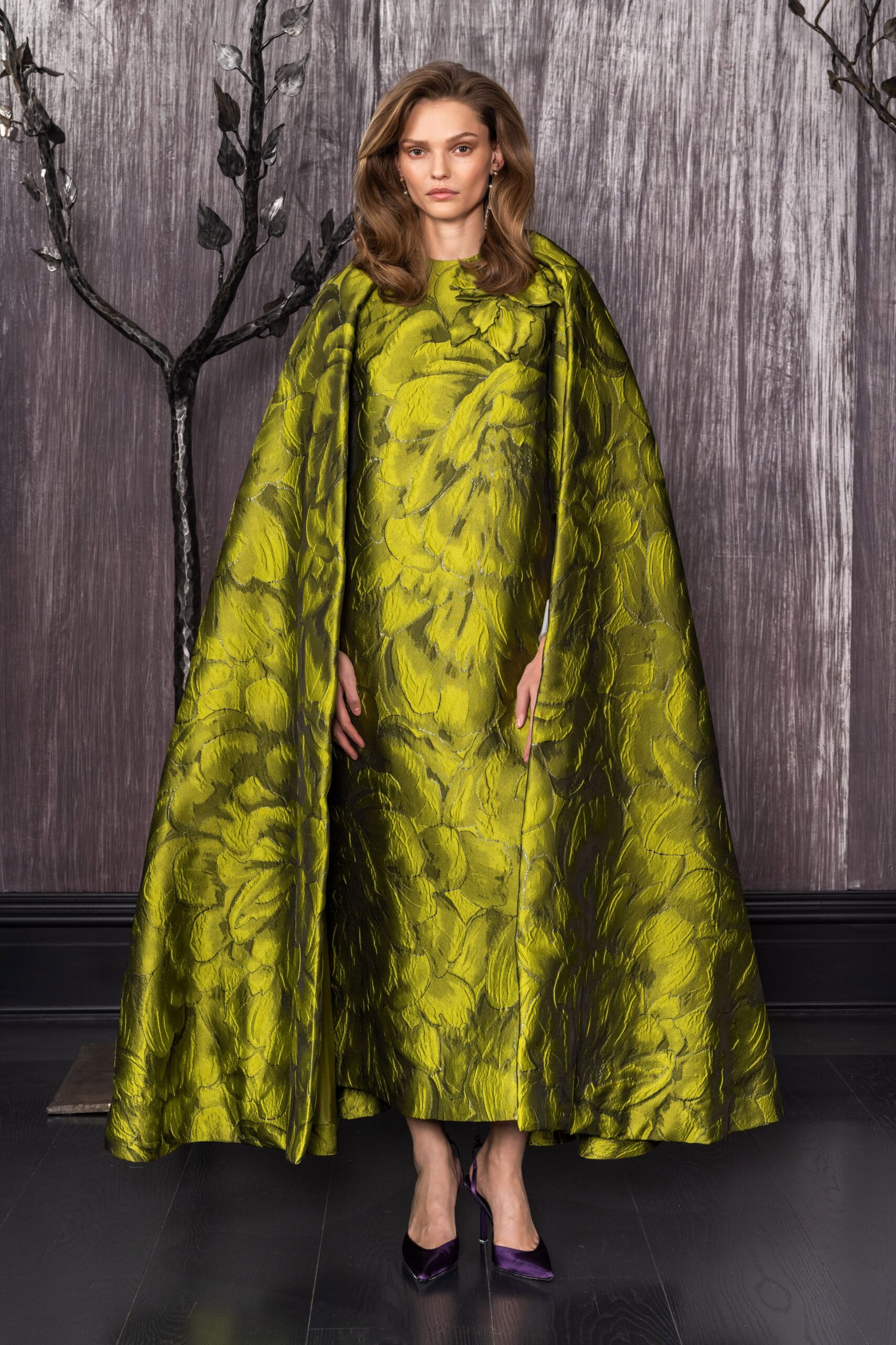 green embroidered maxi gown with purple shoes
