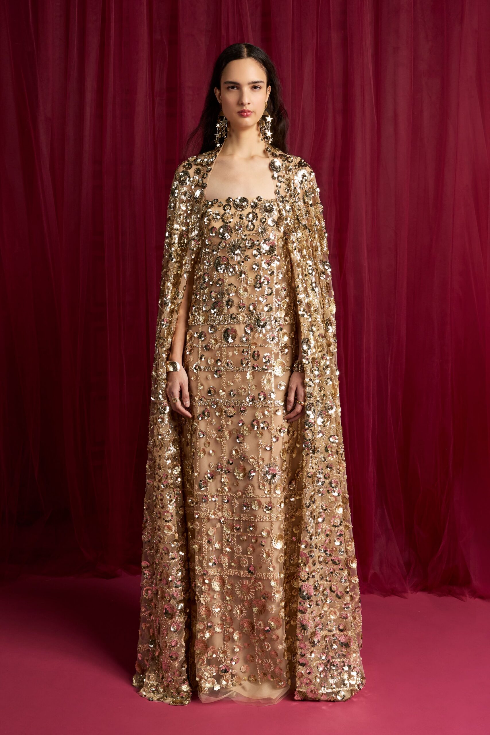 gold sequin relaxed embellished shiny cape
