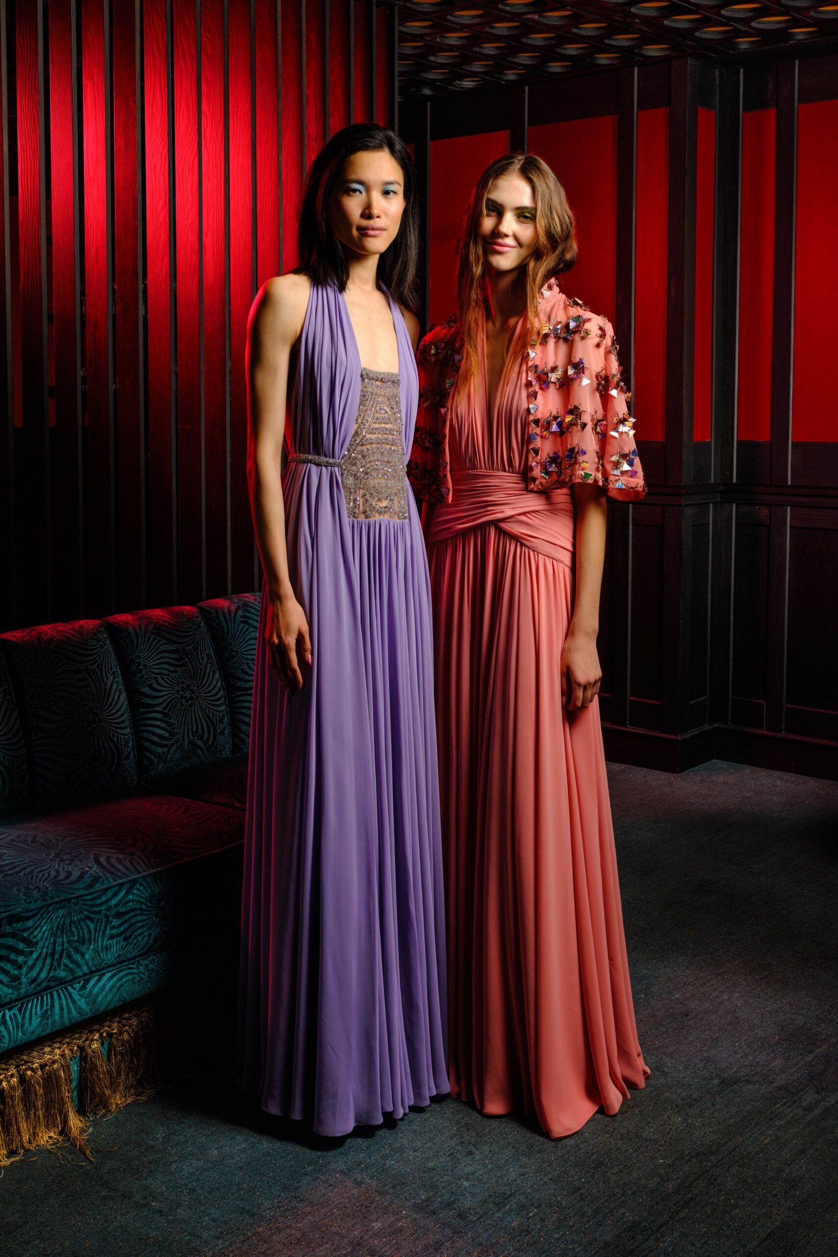 purple and pink silk gowns