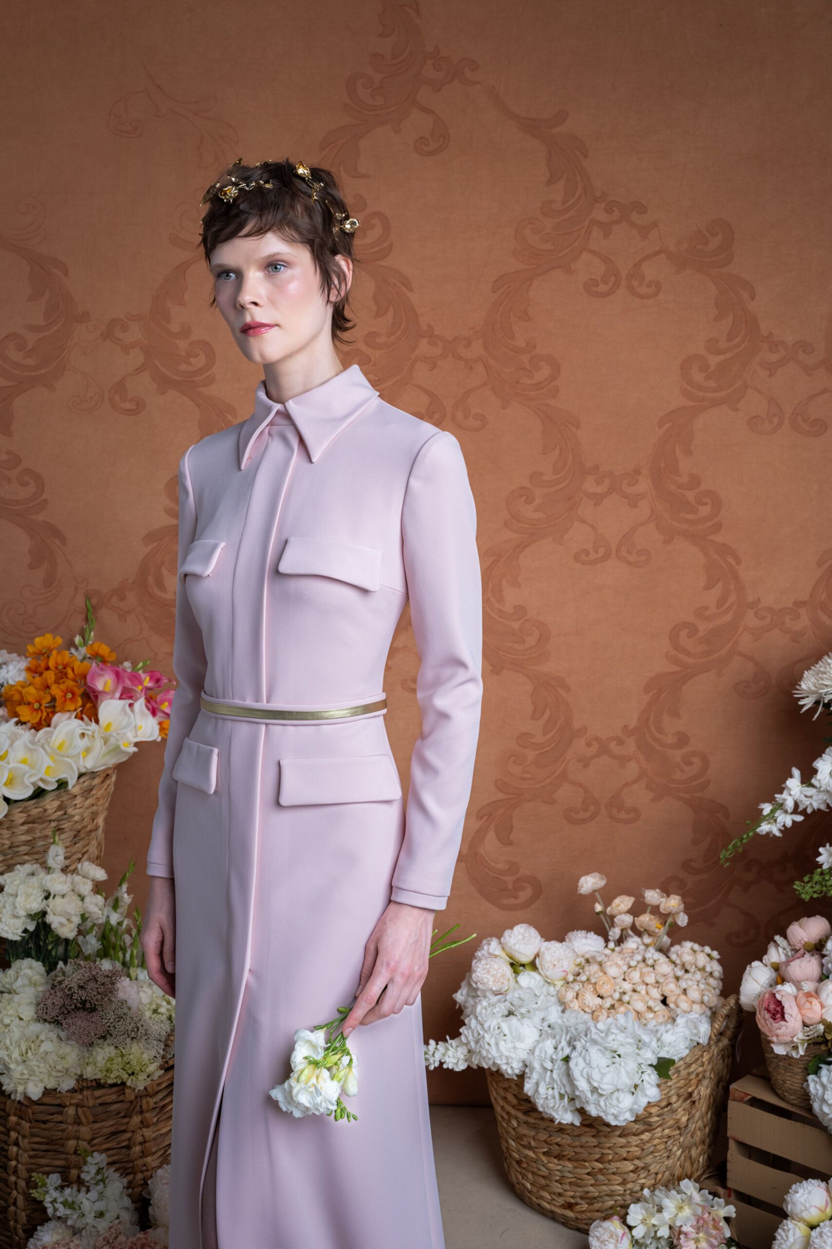 fitted pink silk maxi dress