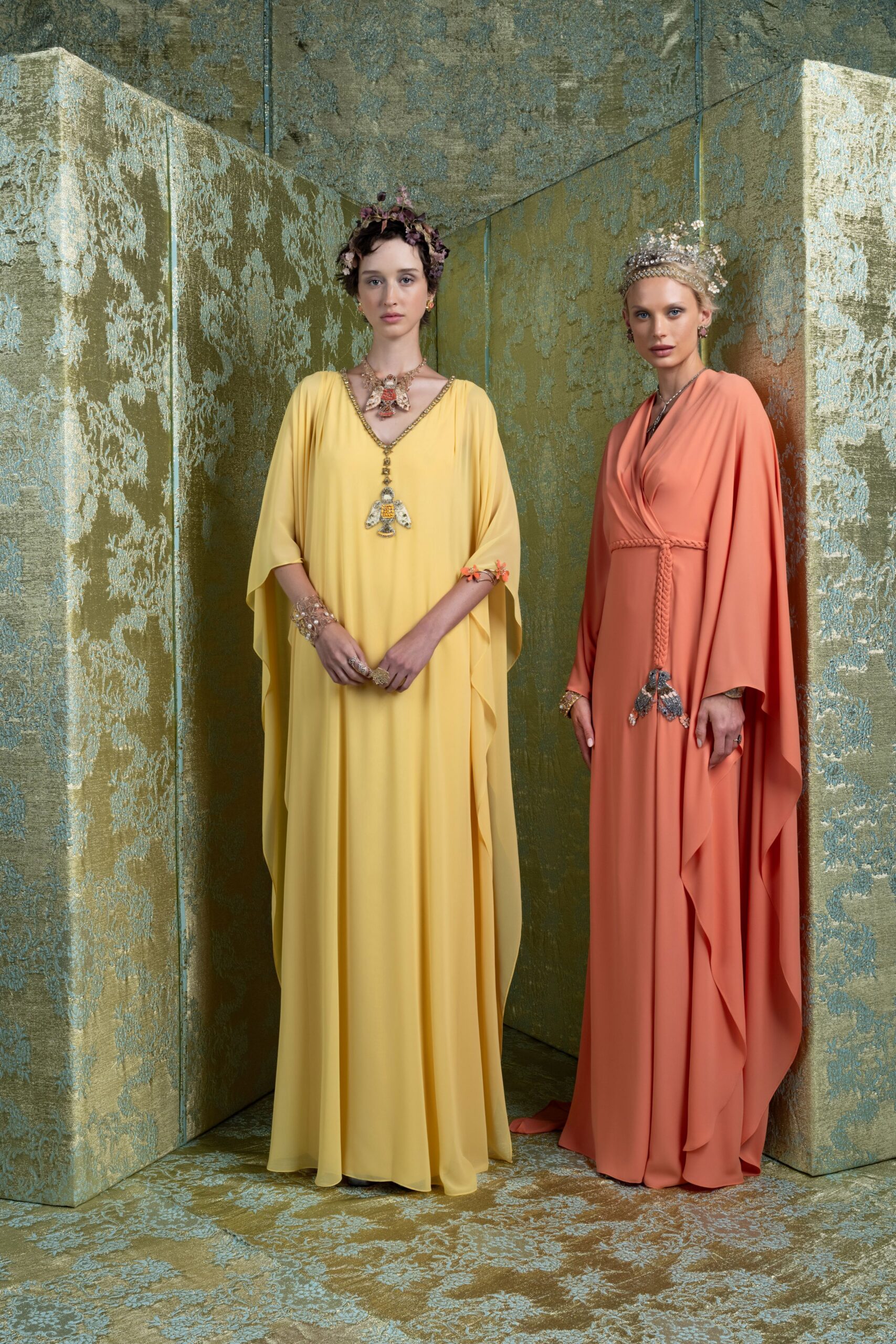 yellow silk sleeveless v-neck relaxed flowing maxi gown