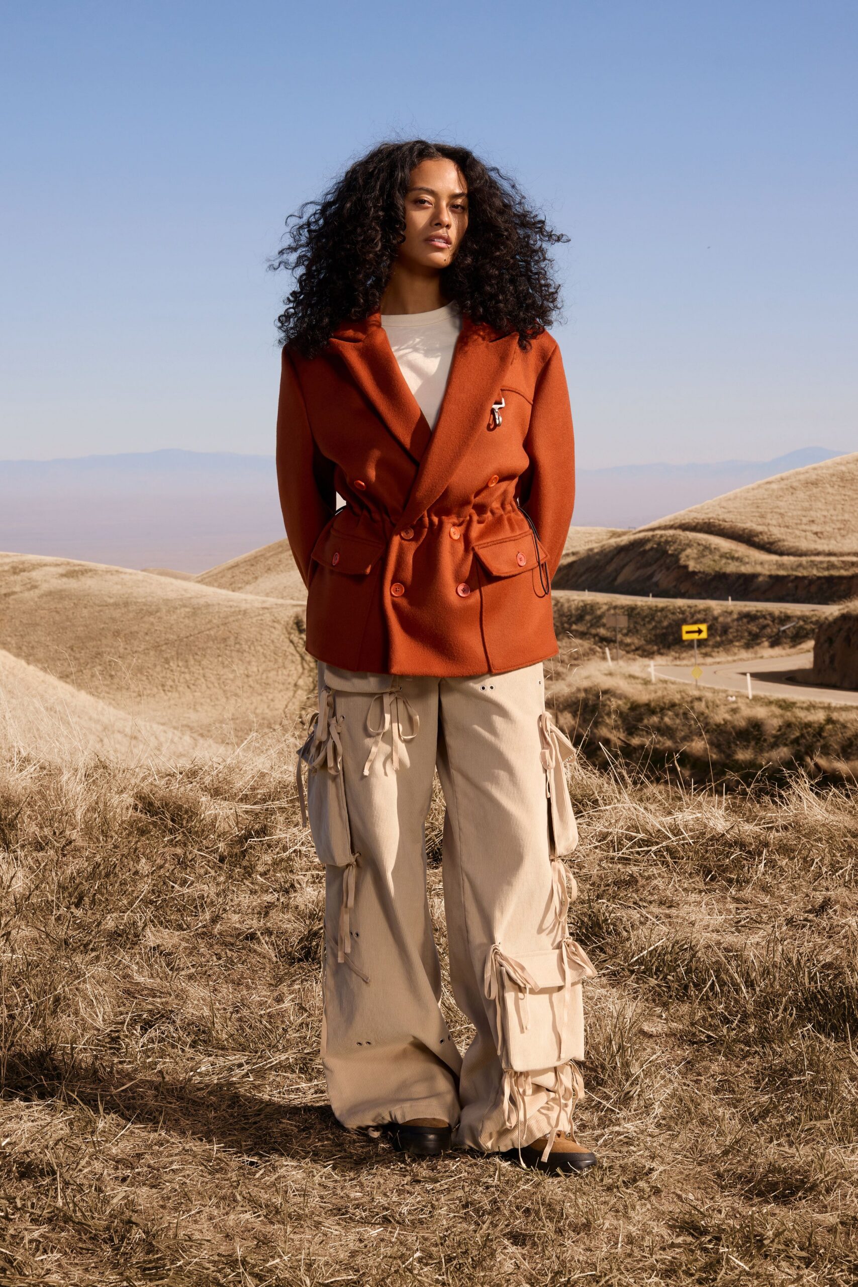 orange wool long-sleeve collared structured belted blazer