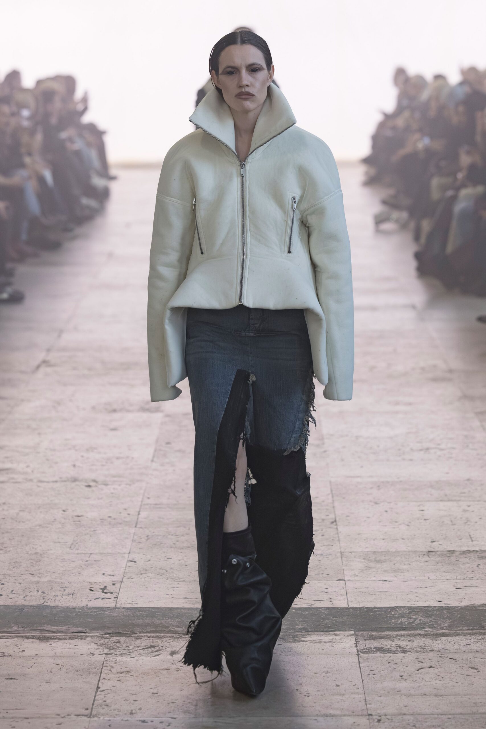 white leather long-sleeve collared oversized zippered jacket