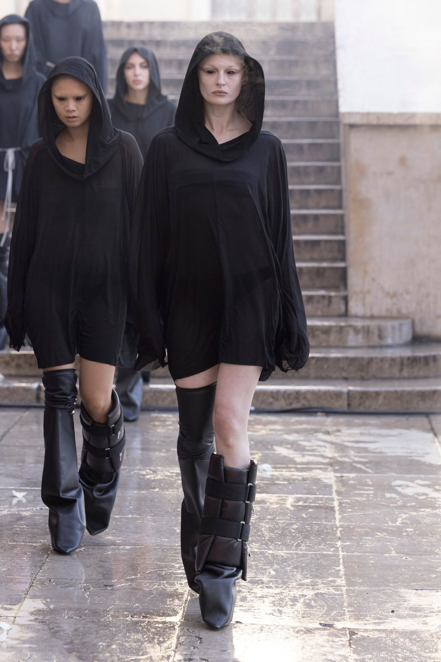 black hooded dress with boots