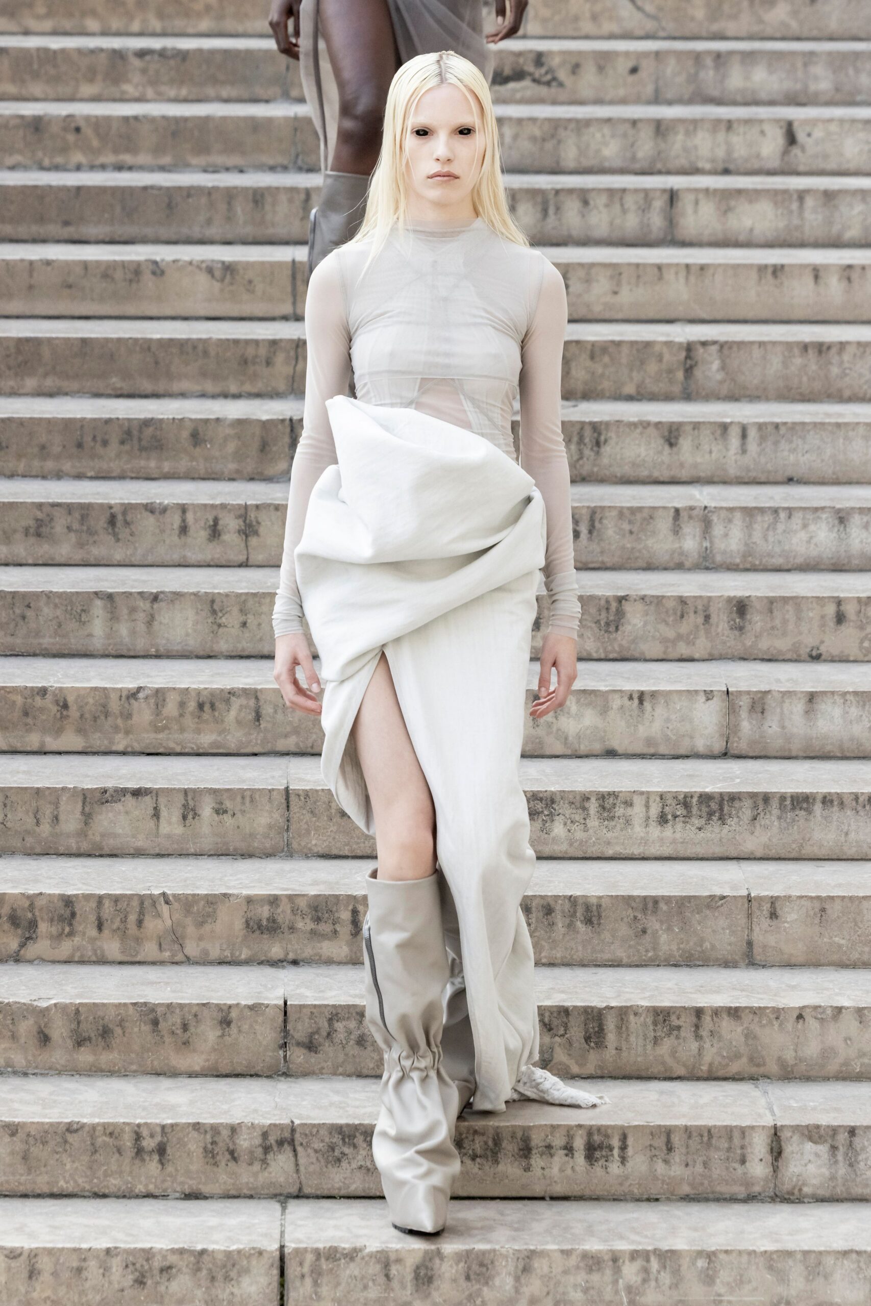 white silk long-sleeve v-neck fitted draped sheer dress