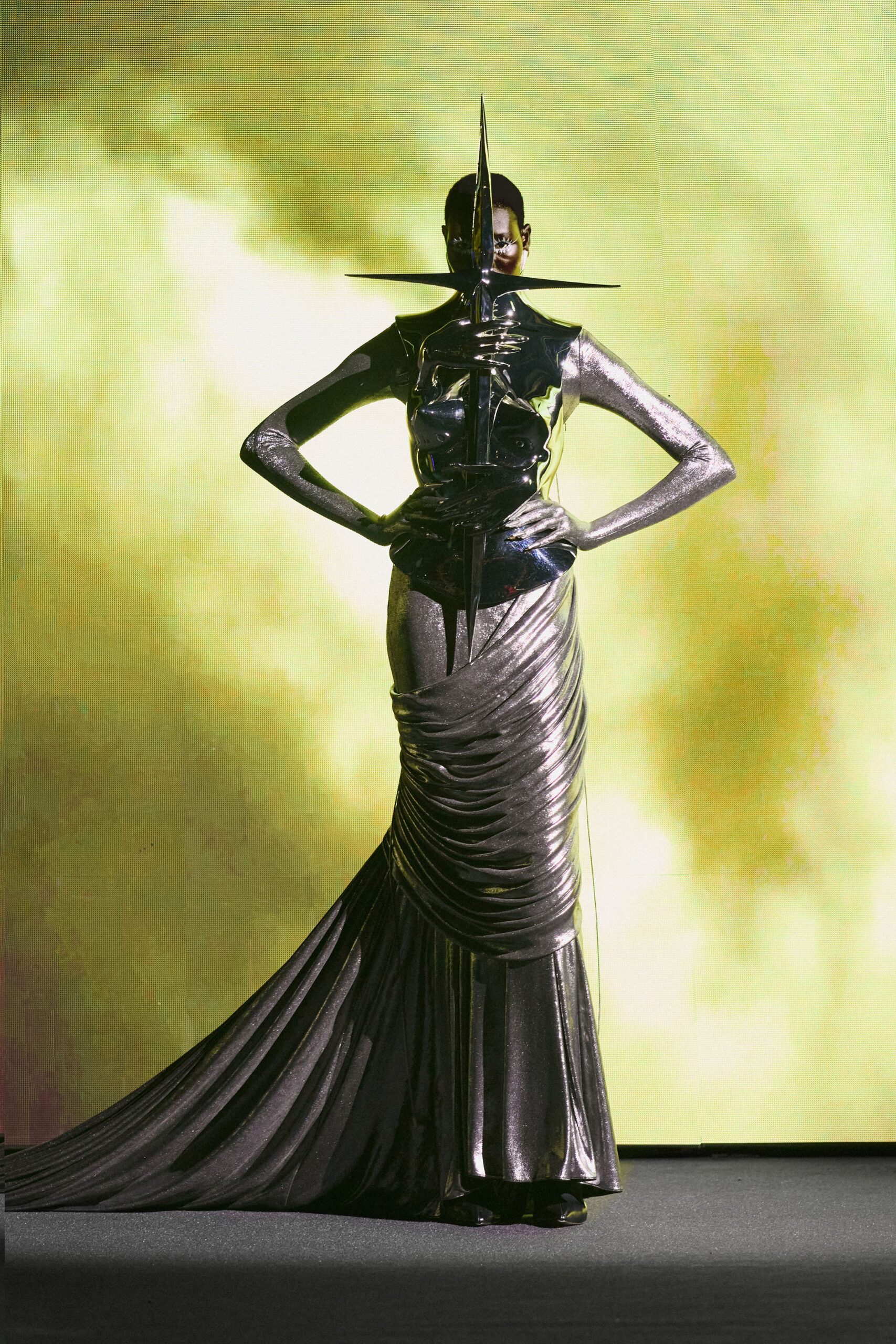 fitted silver metallic gown