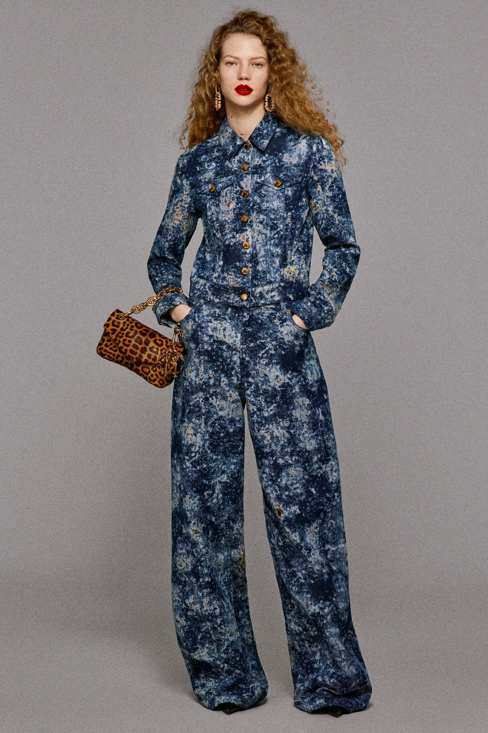 blue denim long-sleeve collared relaxed buttoned wide-leg jumpsuit