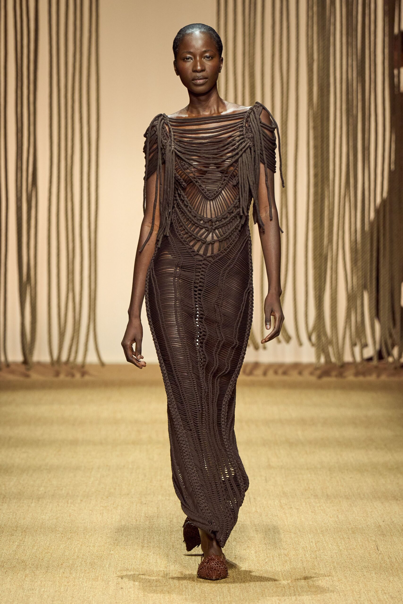 brown cotton sleeveless v-neck fitted draped layered gown