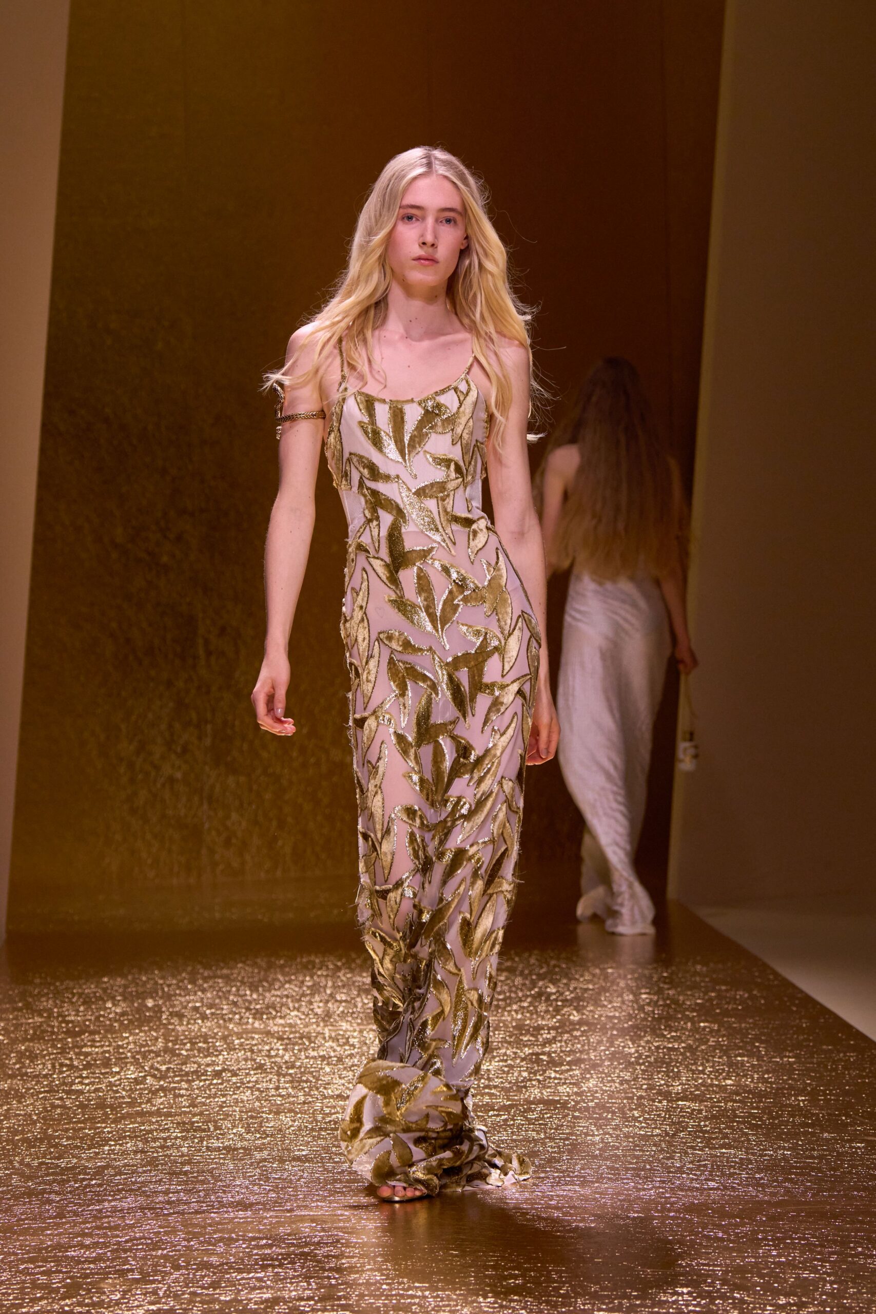 gold embroidered sleeveless gown