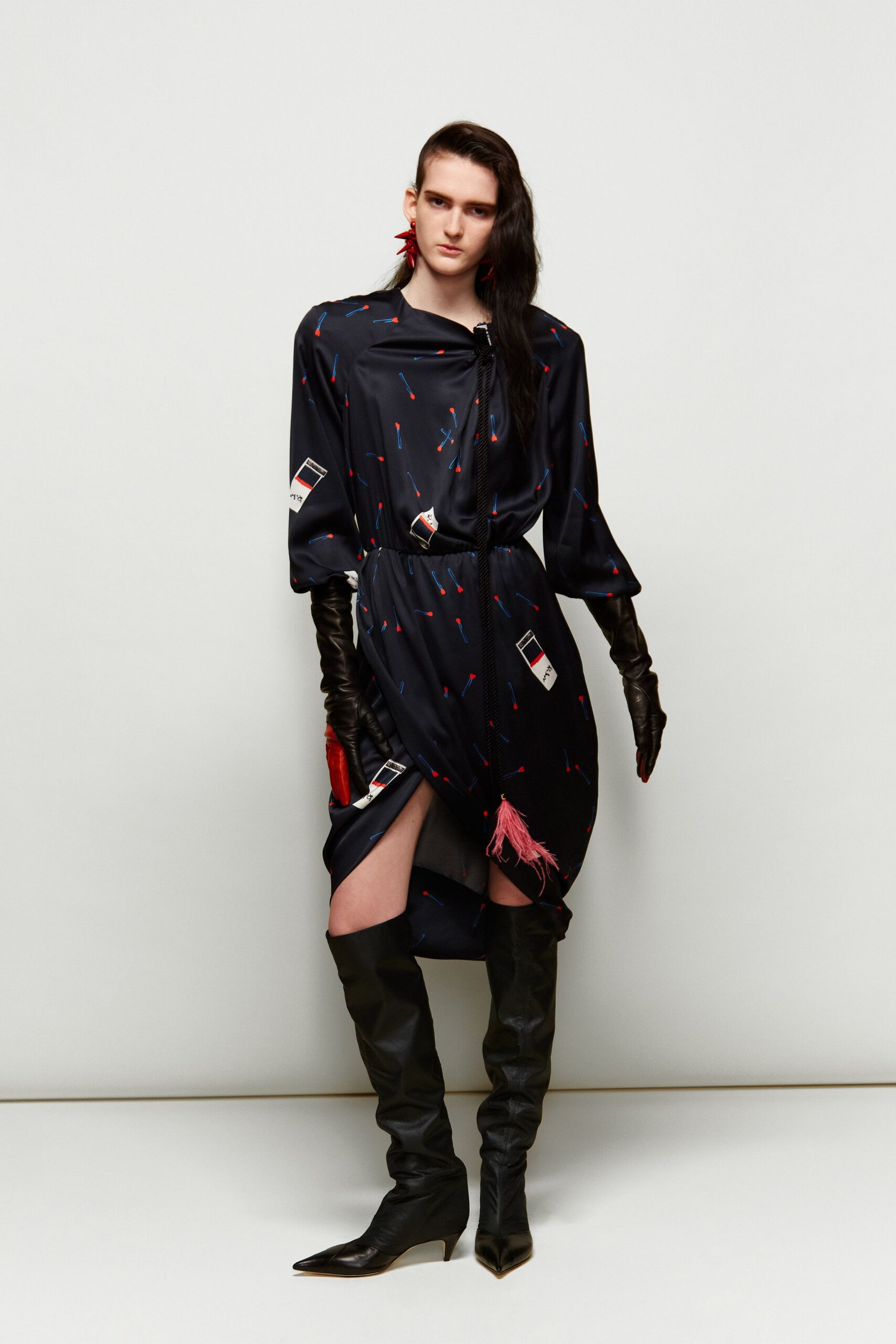 black silk long-sleeve collared fitted printed fringed shirt-dress