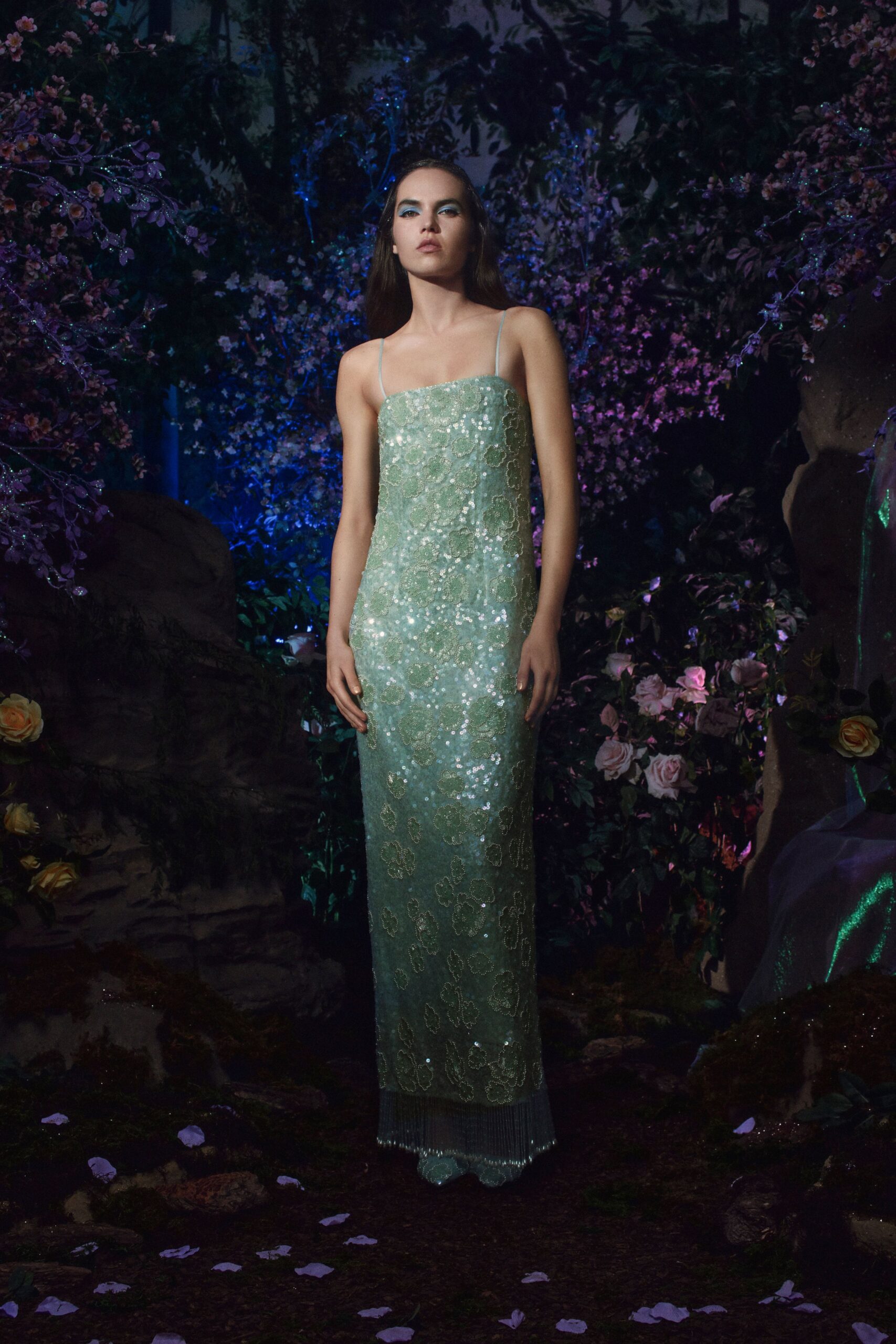 green sequin sleeveless gown
