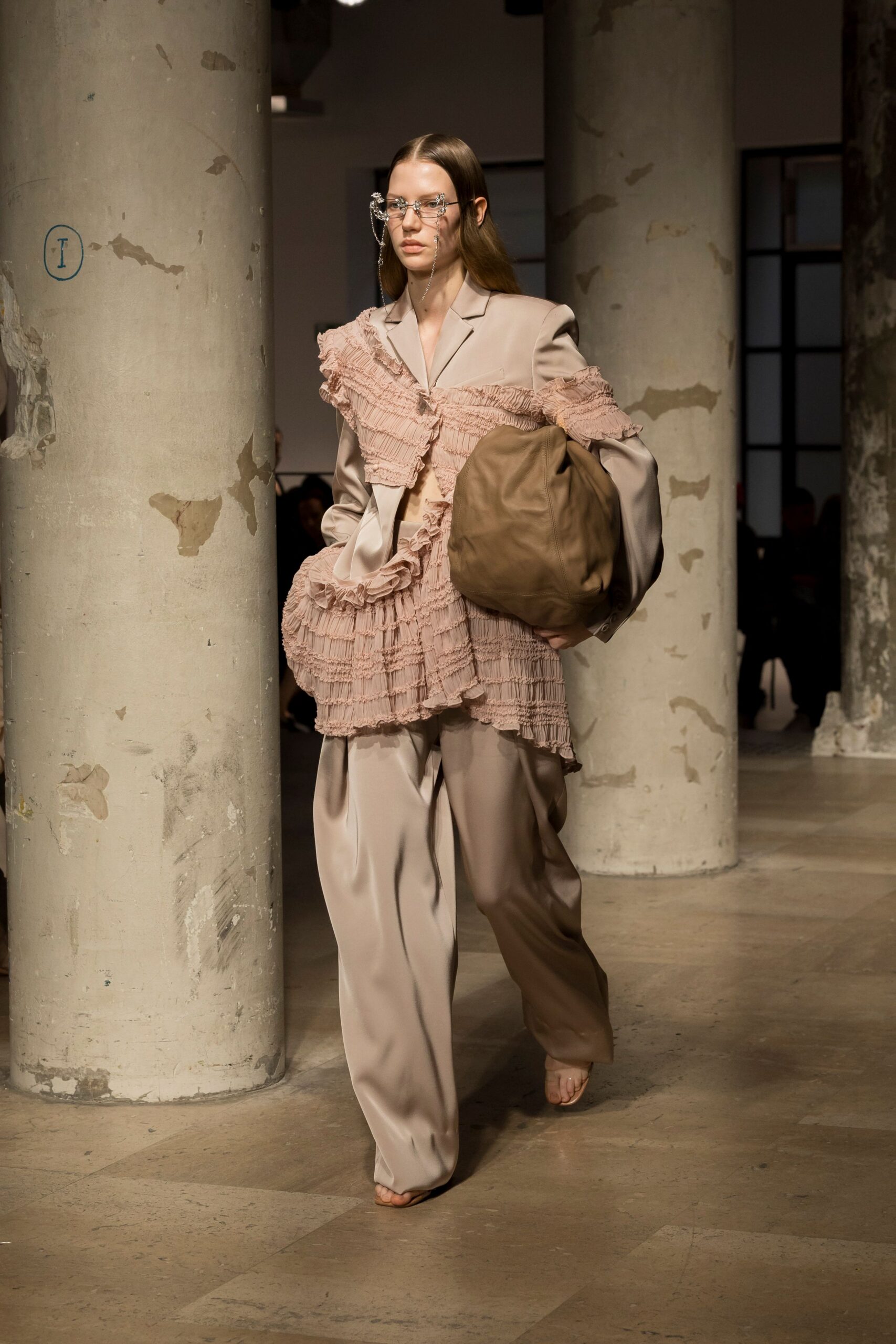 beige silk long-sleeve collared relaxed ruffled blazer
