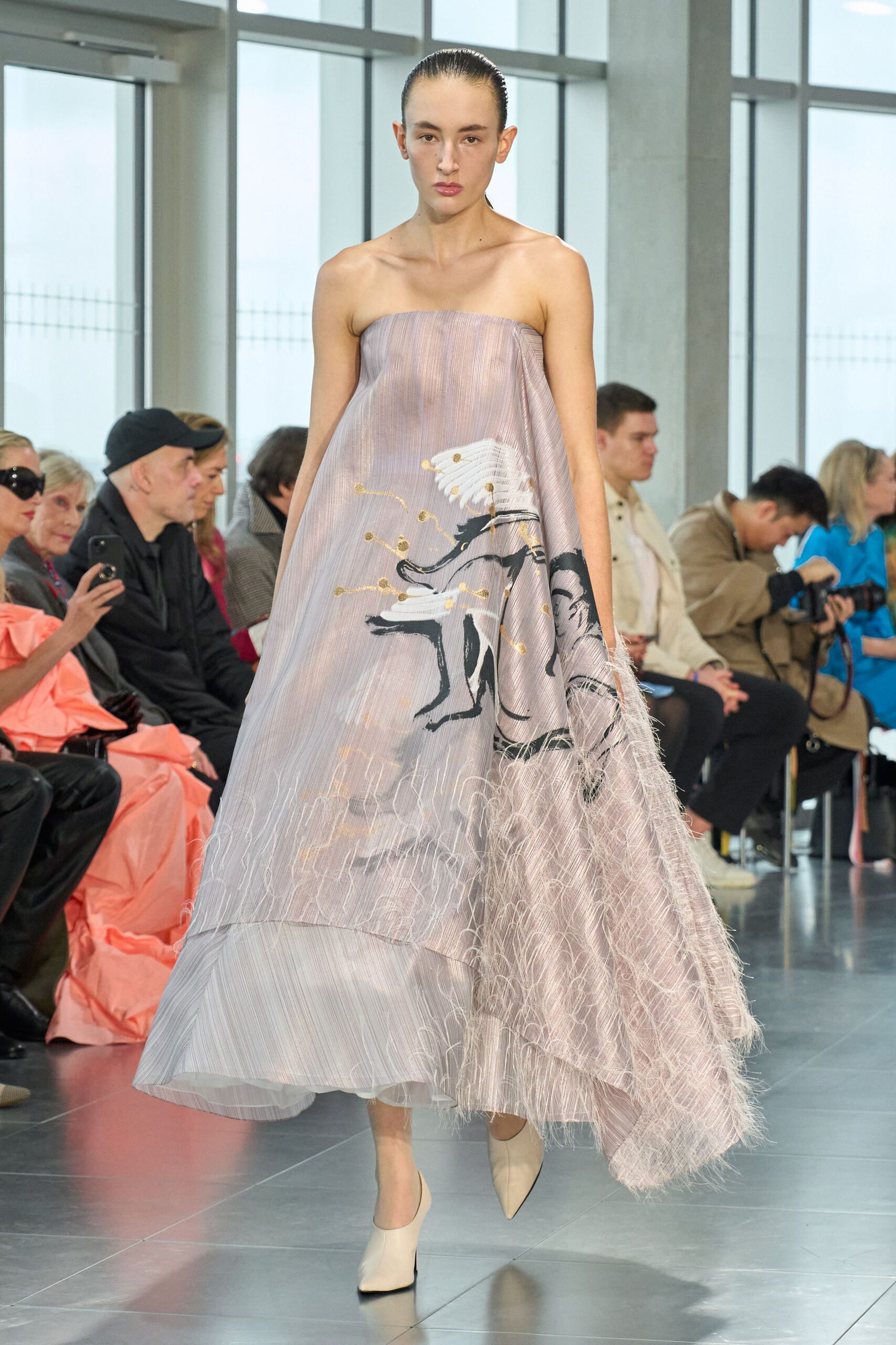 pink silk strapless fitted embroidered layered flowing gown